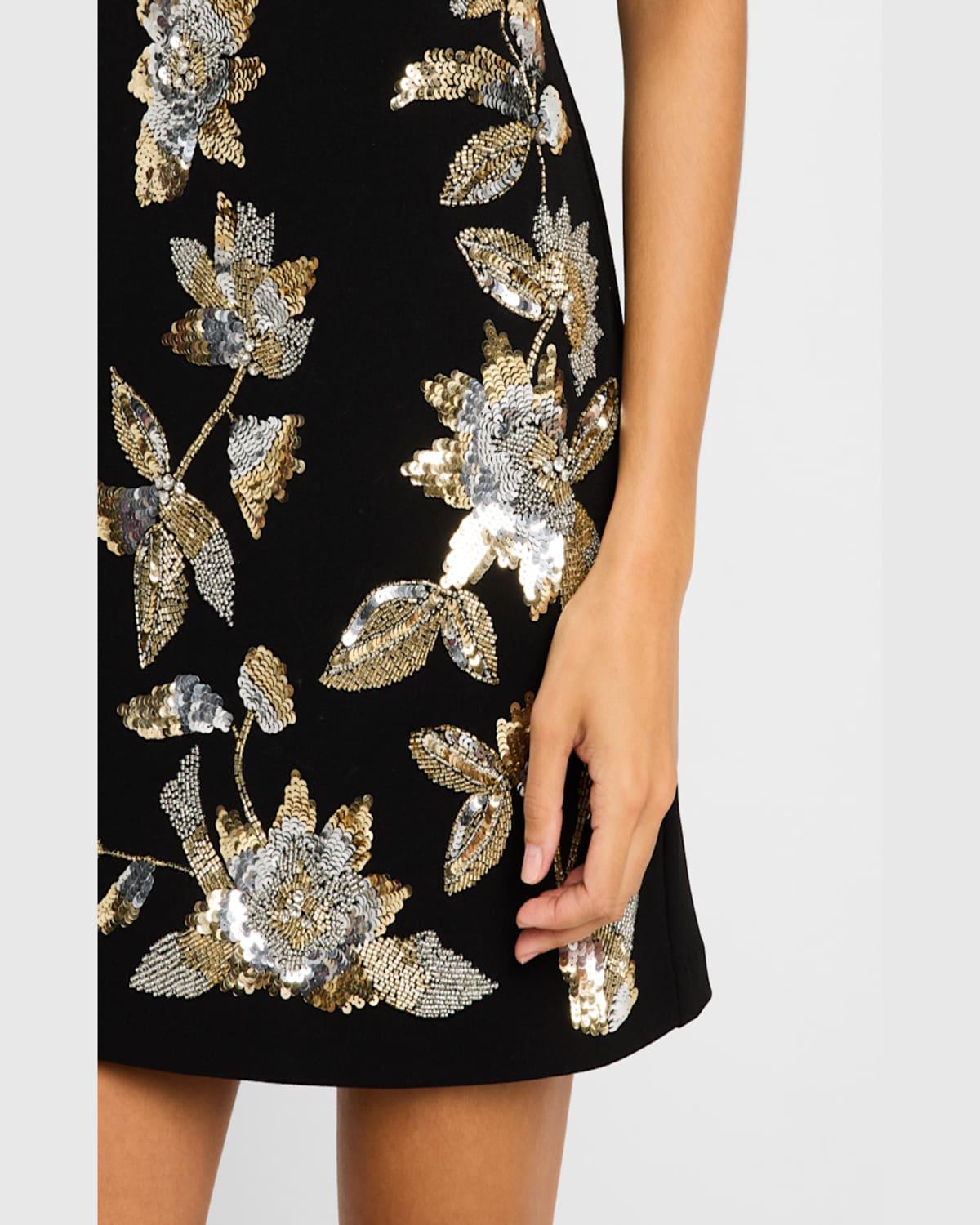 Sleeveless Sequin Floral Crepe Mini Dress