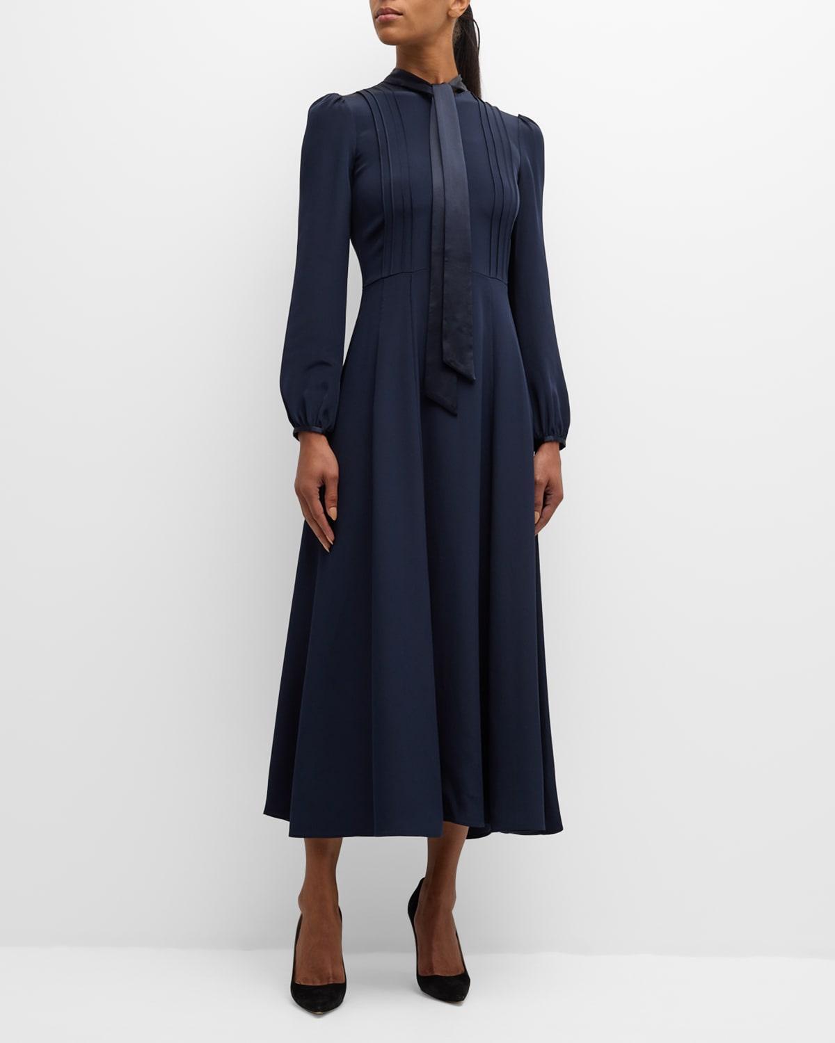 Alison Long-Sleeve Scarf-Neck Silk Crepe Midi Dress