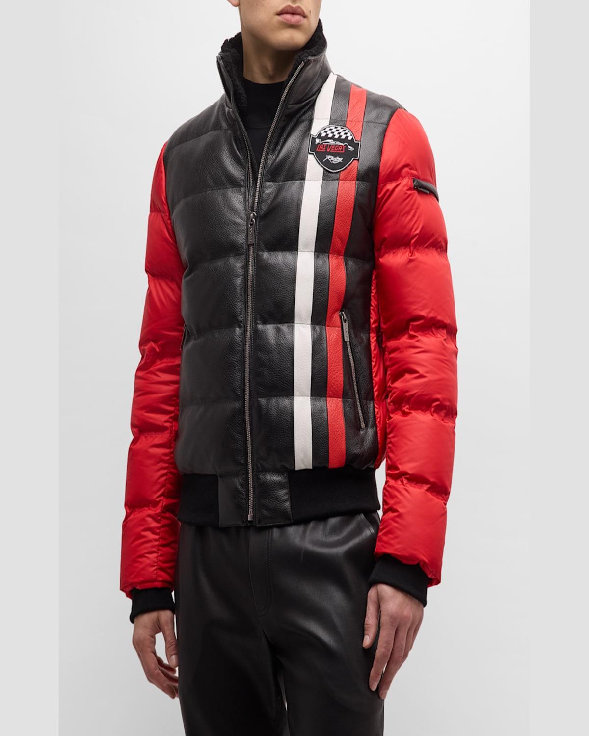 Men's Lamb Shearling-Trim Leather Racing Puffer Jacket