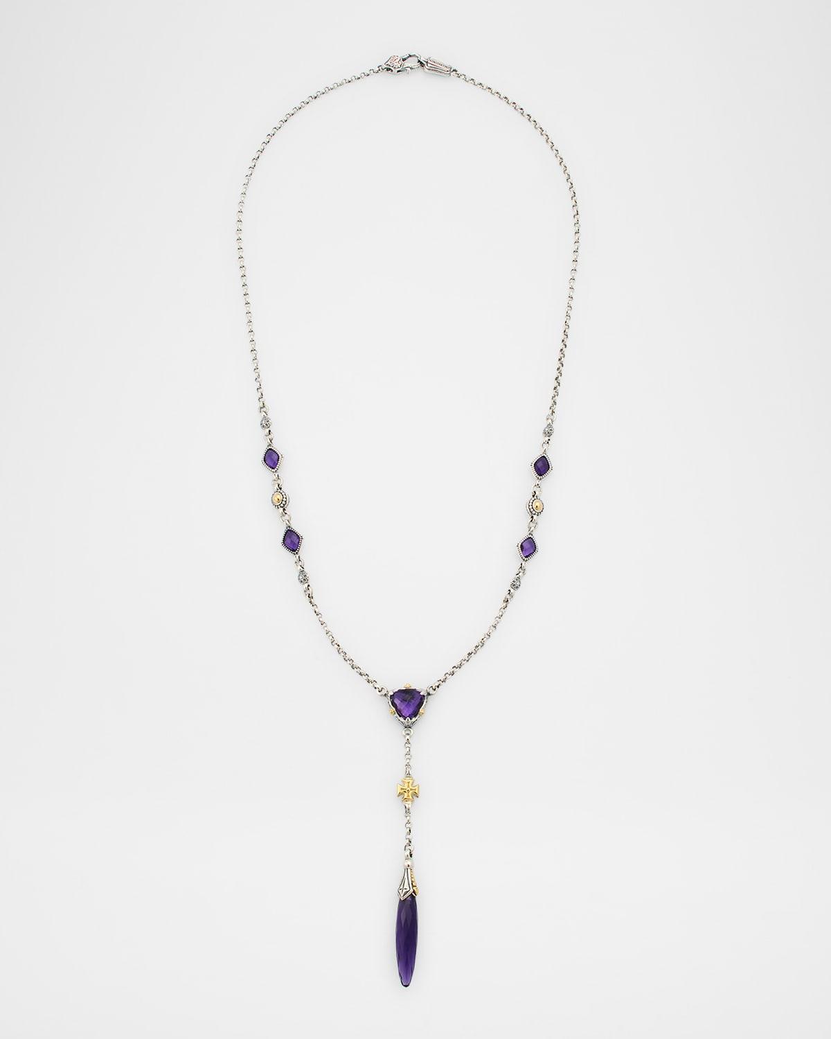 Anthos Cross and Dagger Drop Dark Amethyst Quartz Necklace 