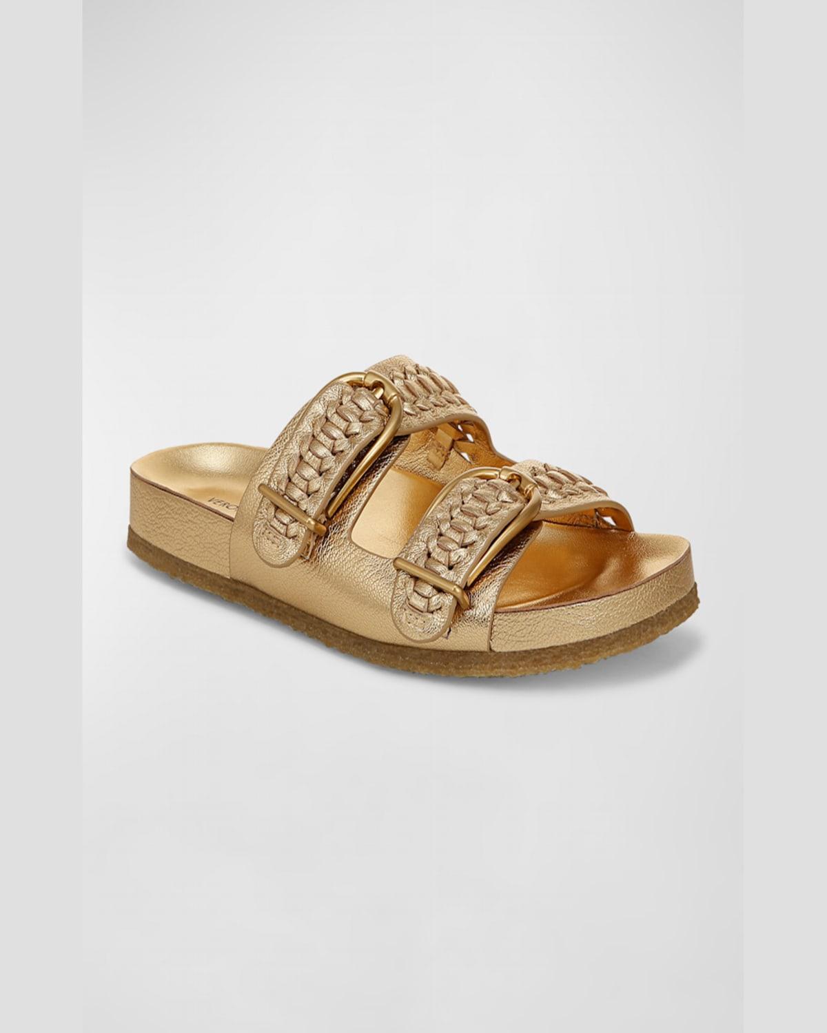 Paige Woven Metallic Dual-Buckle Slide Sandals