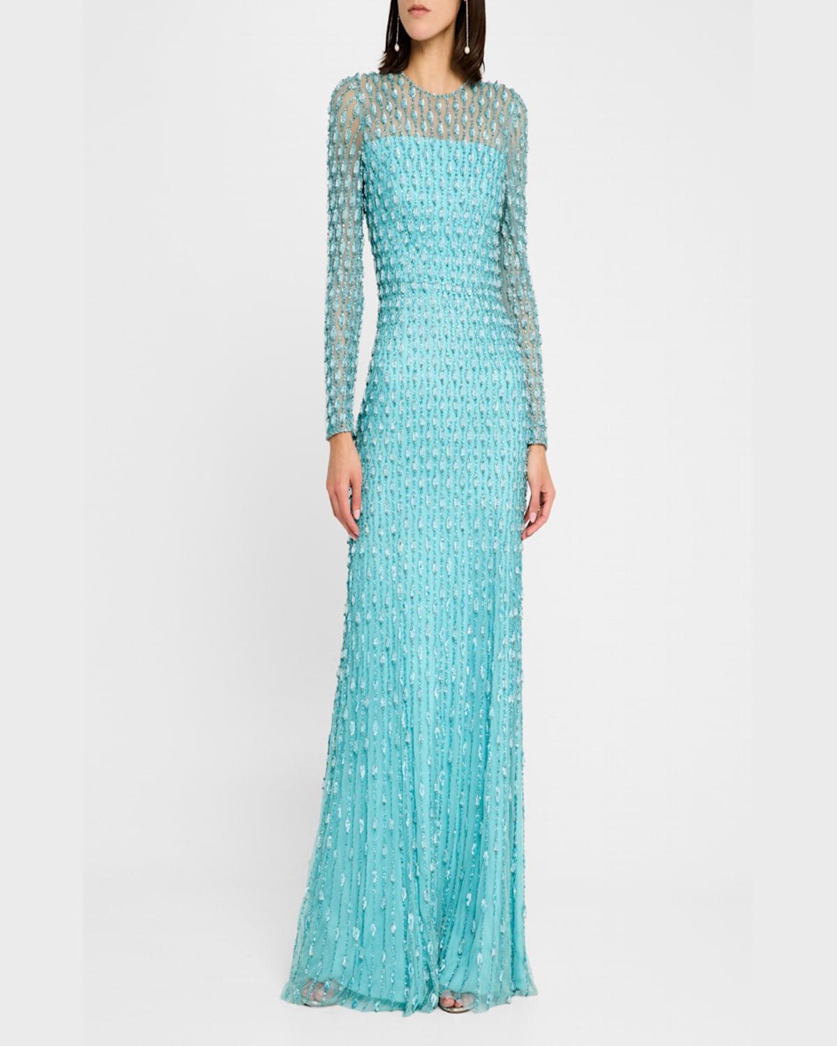 Nova Crystal Long-Sleeve Illusion Gown