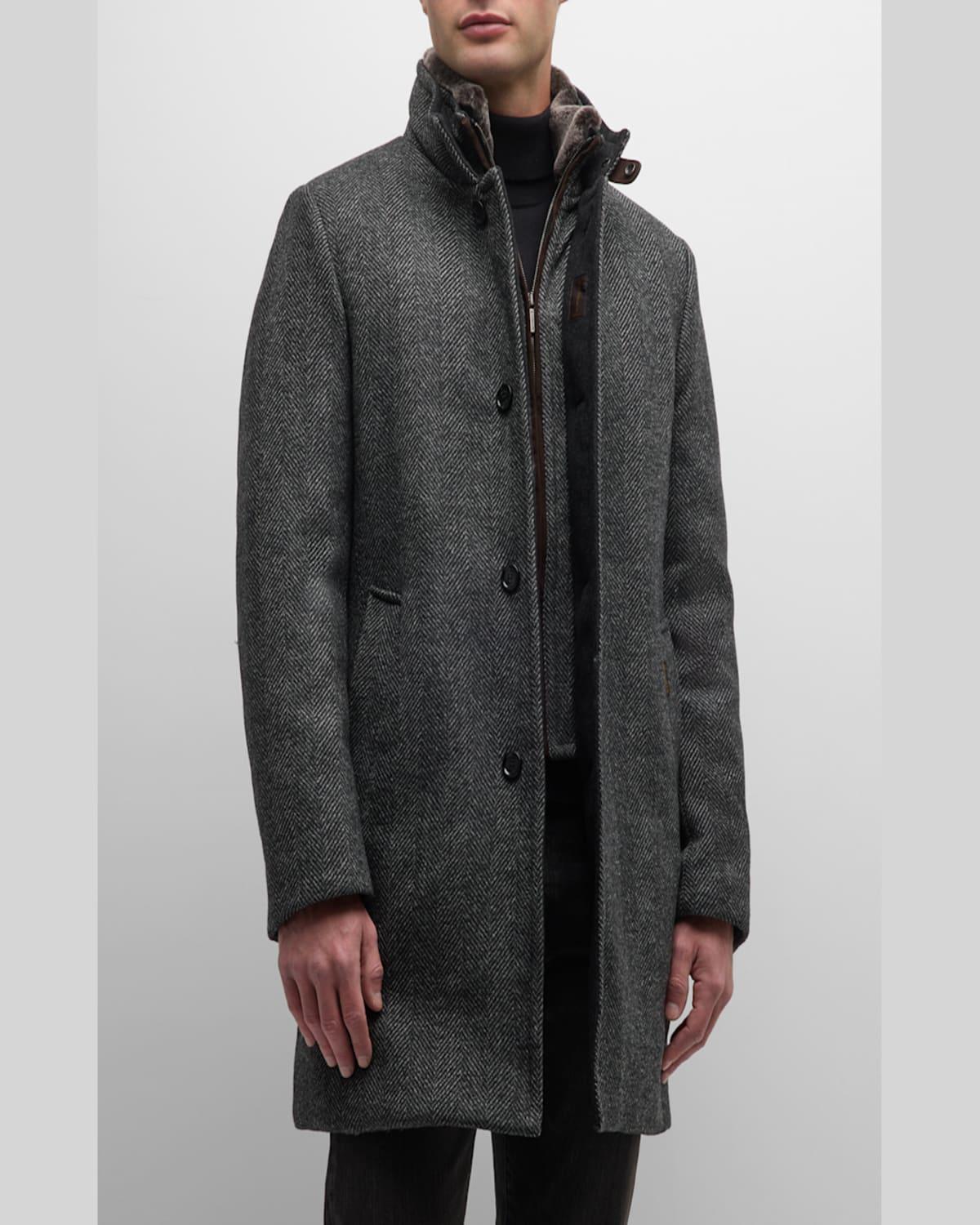 Men's Herringbone Bib Topcoat with Shearling