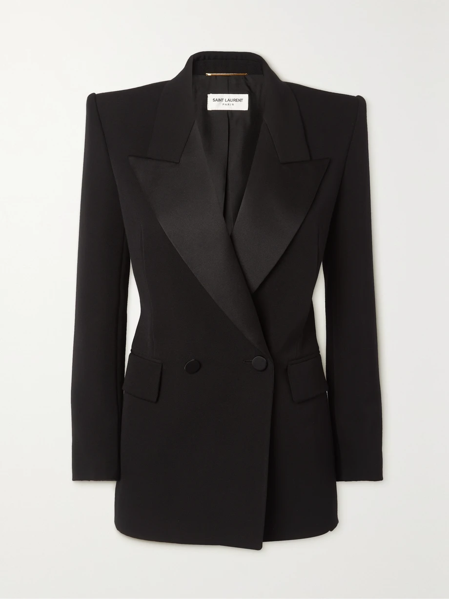 Double-breasted satin-trimmed grain de poudre wool blazer