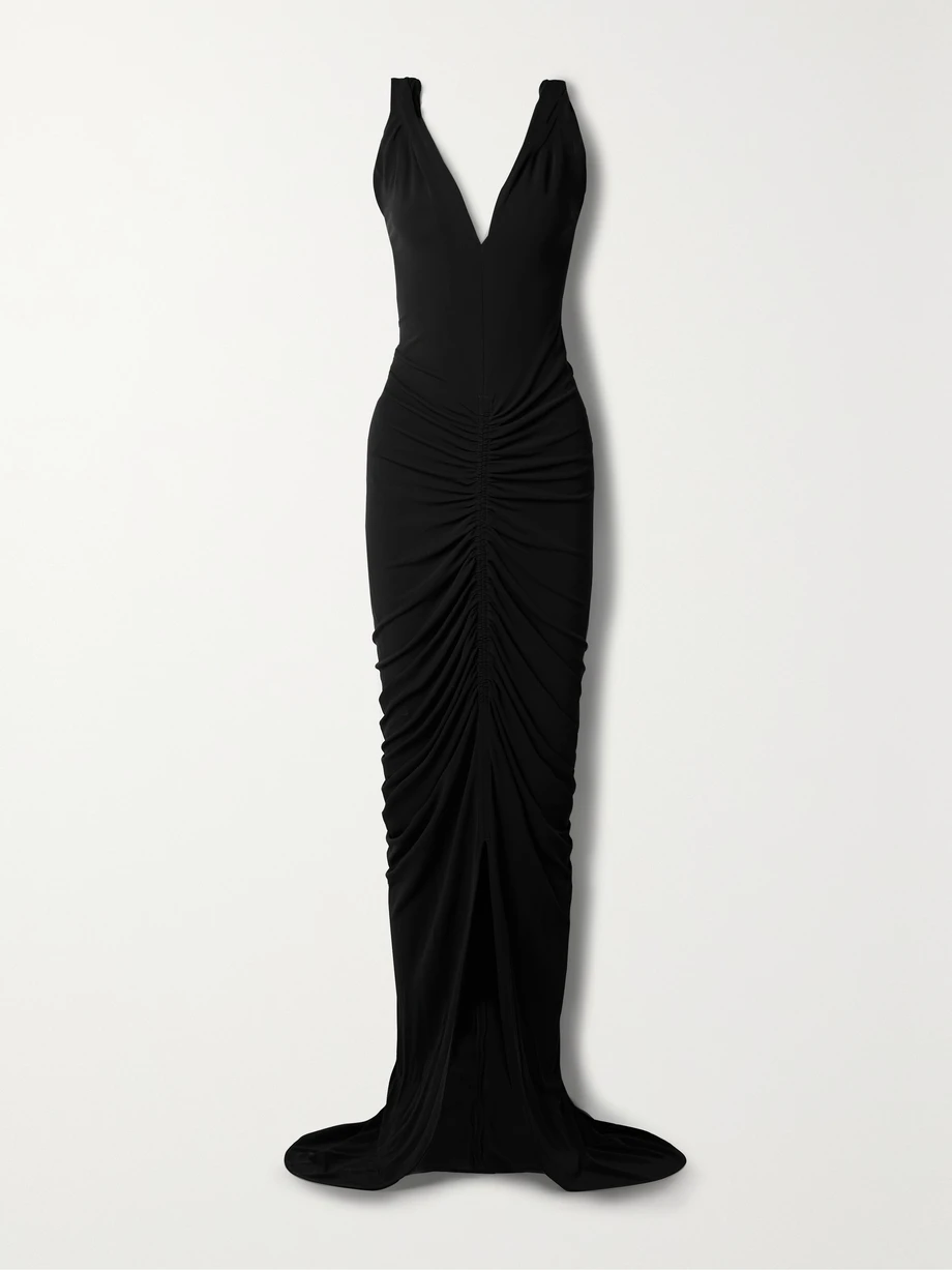 Open-back ruched crepe gown