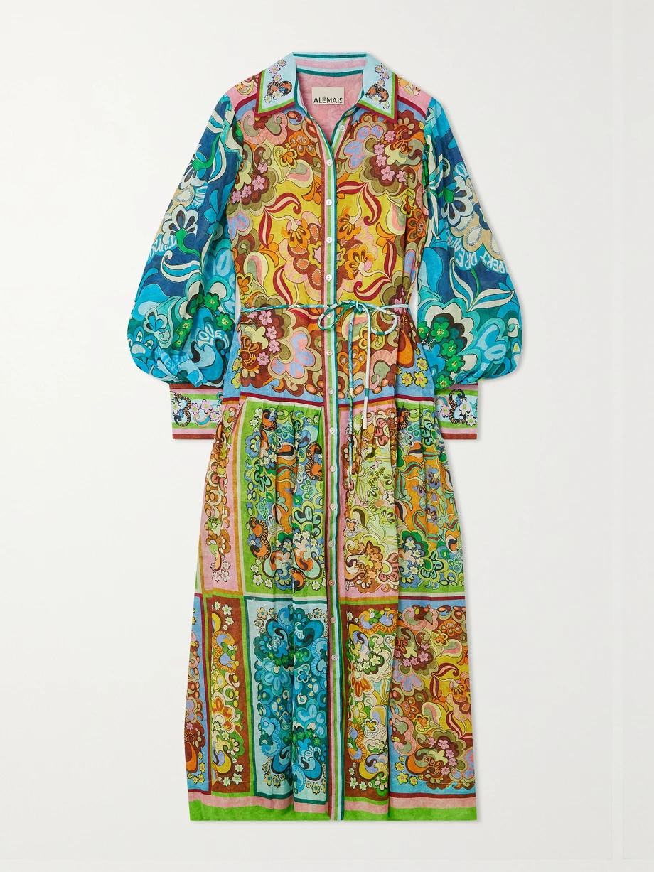 Dreamer belted printed ramie maxi shirt dress