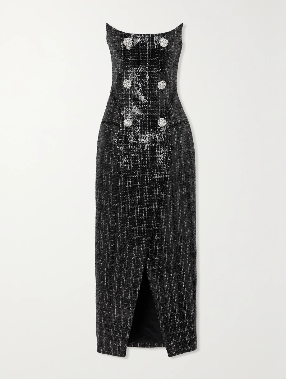 Strapless embellished sequined metallic tweed gown