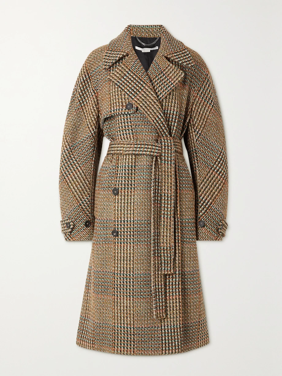 Double-breasted belted checked wool-blend tweed coat