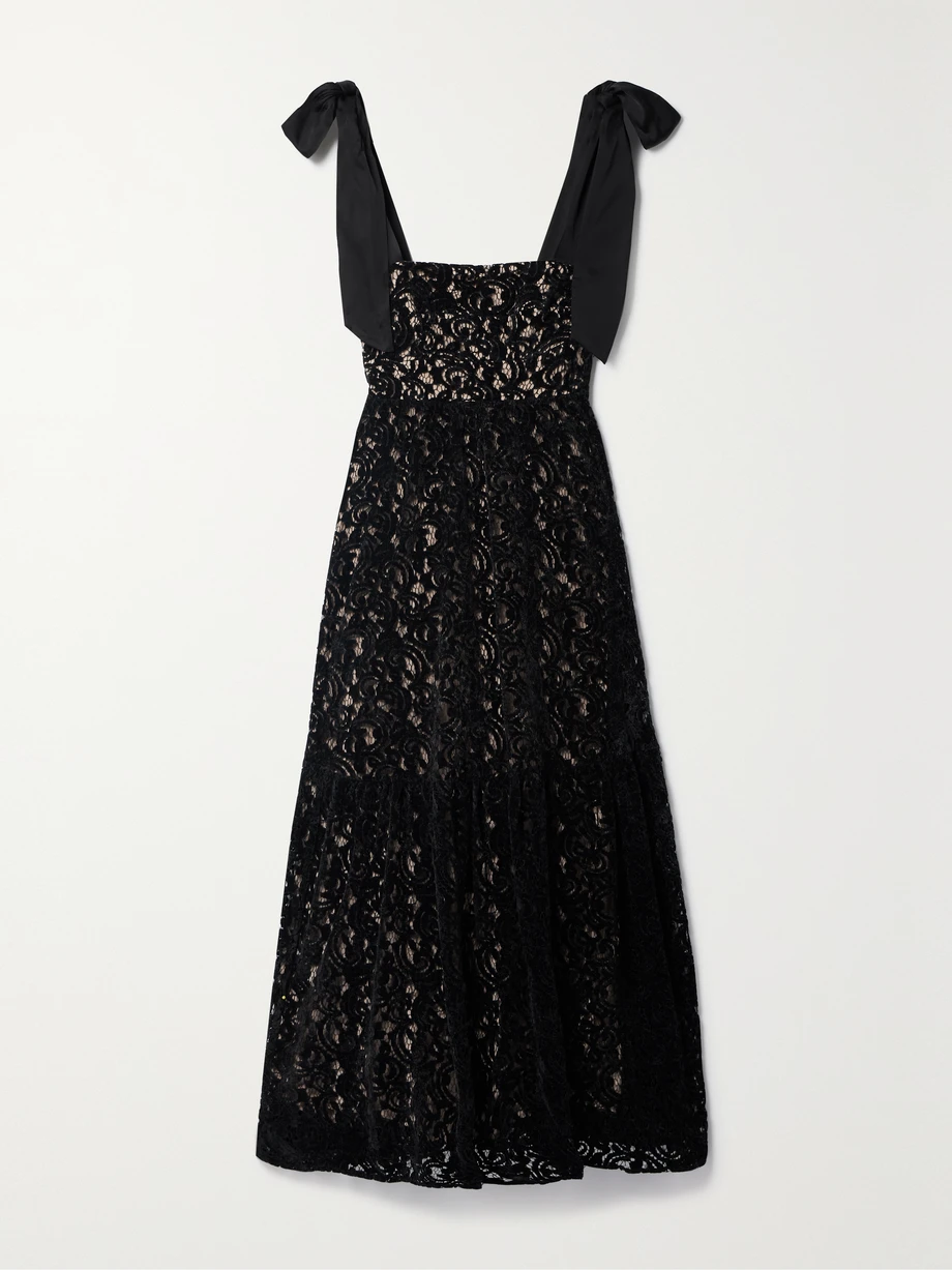 Satin-trimmed velvet guipure lace maxi dress