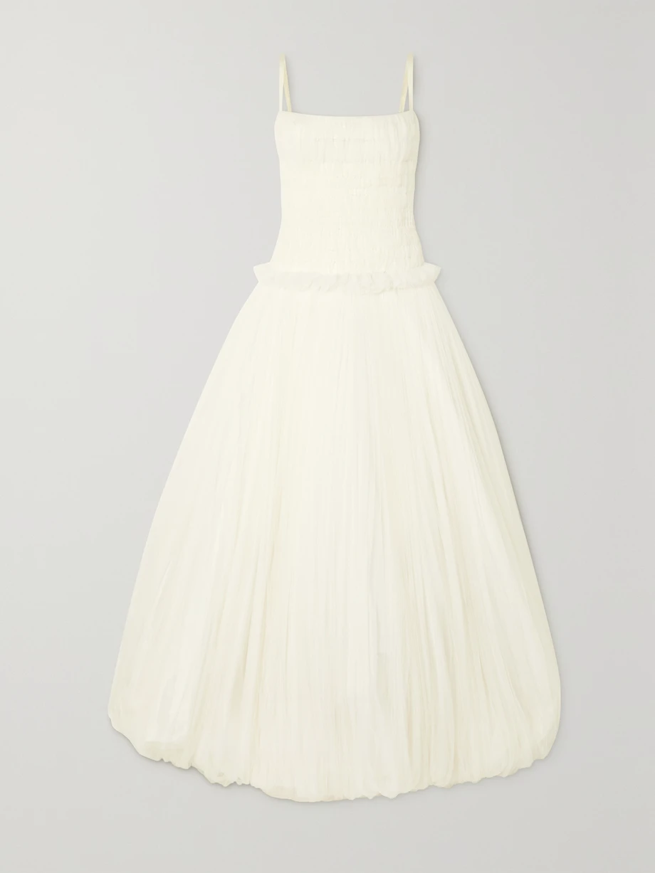 Guinevere shirred grosgrain-trimmed tulle gown