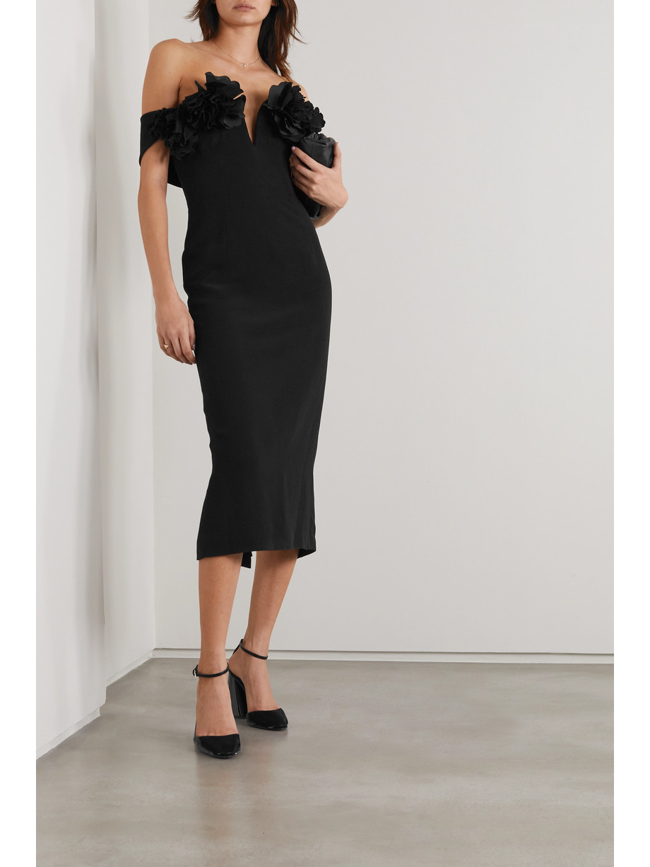 Off-the-shoulder taffeta-trimmed cady midi dress