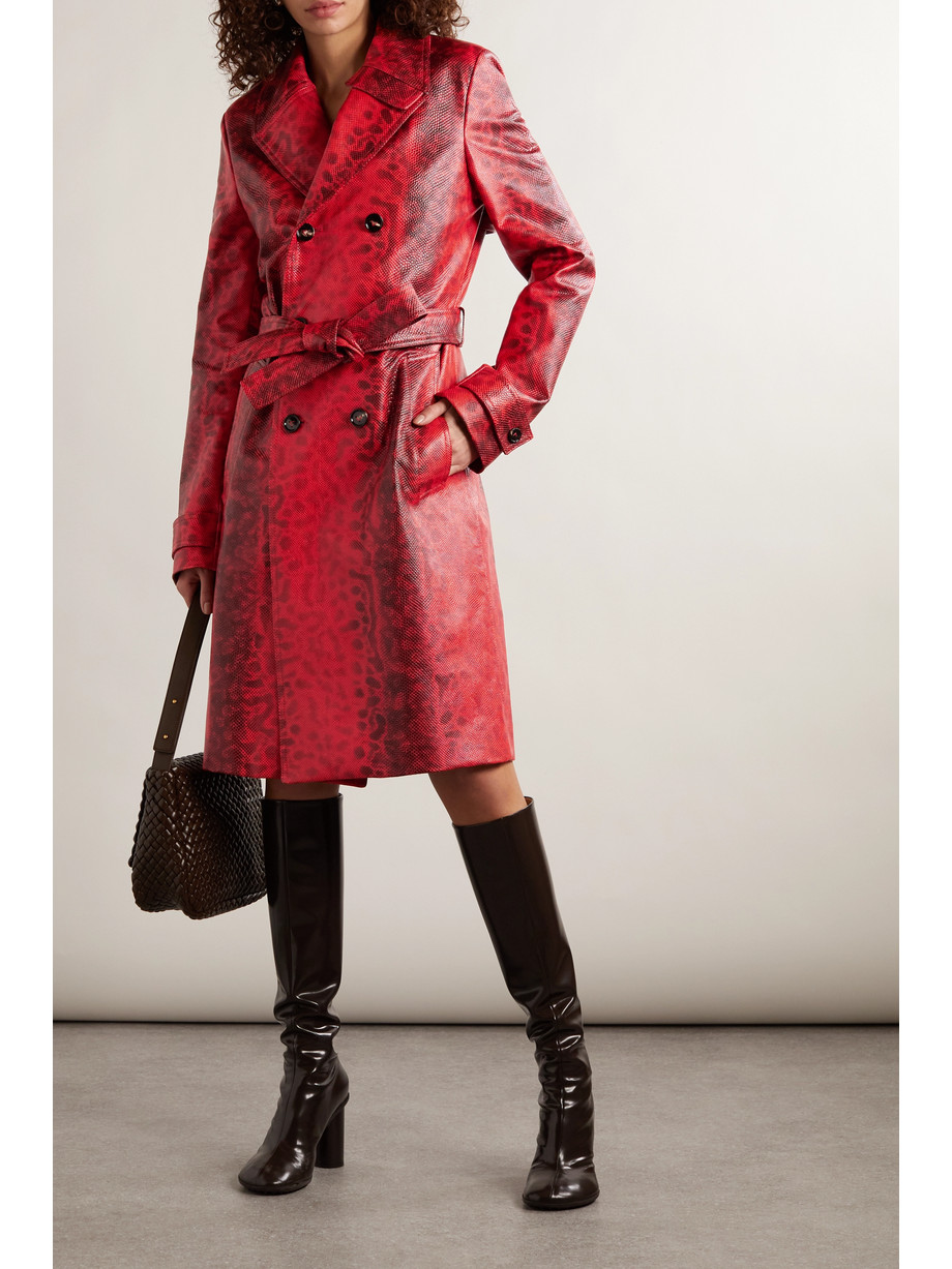 Double-breasted belted printed snake-effect leather trench coat