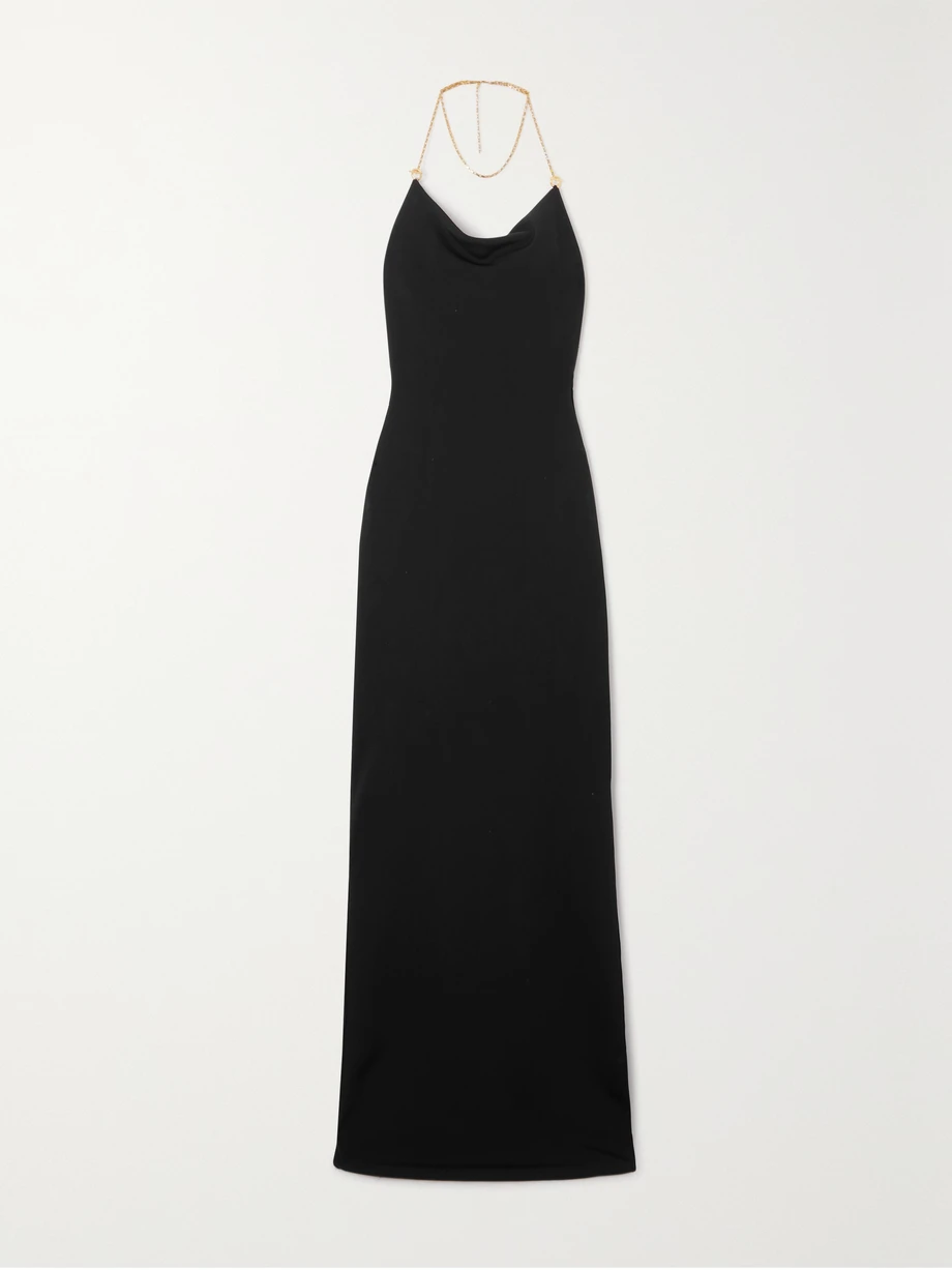 Chain-embellished knitted halterneck gown