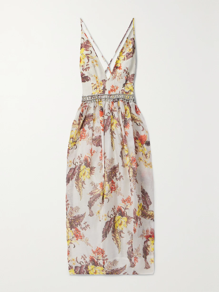 Matchmaker embellished floral-print linen and silk-blend midi dress