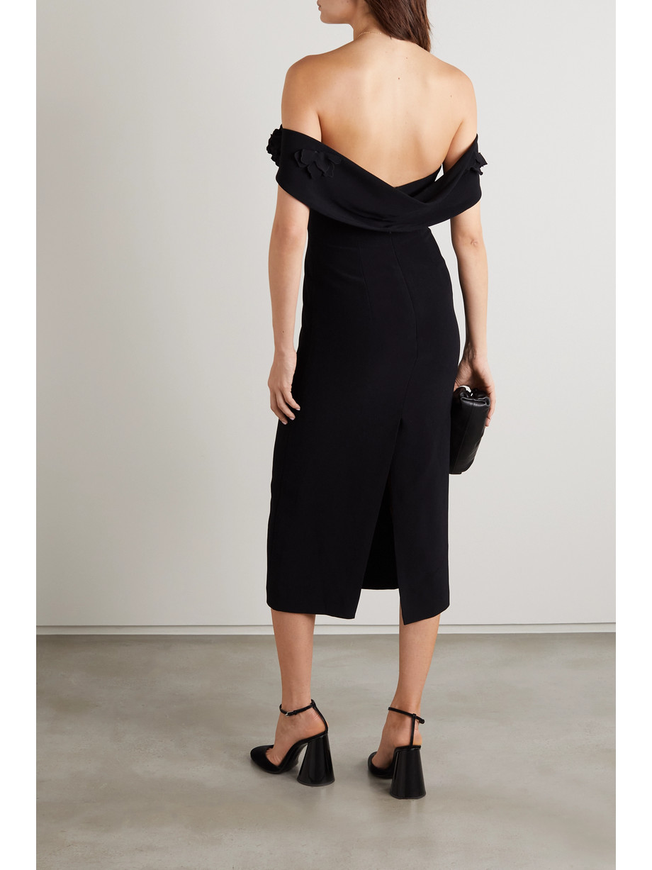 Off-the-shoulder taffeta-trimmed cady midi dress