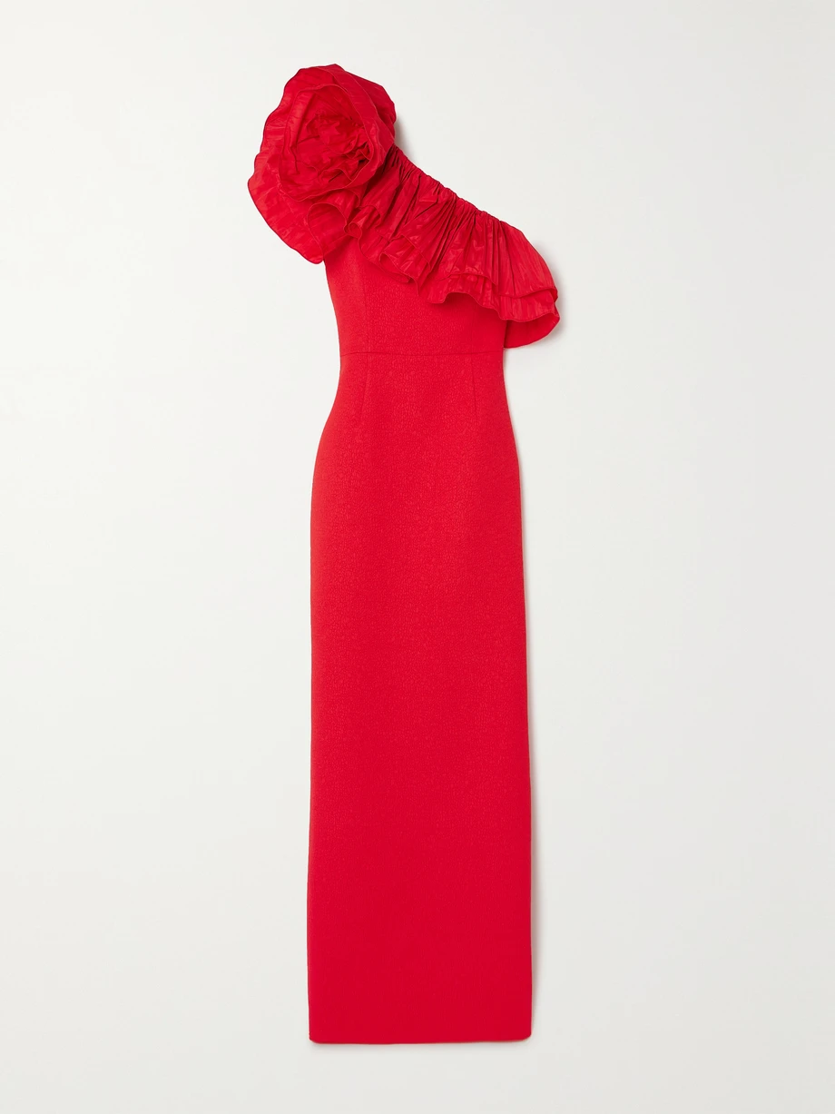 Ella appliquéd ruffled one-shoulder crepe gown