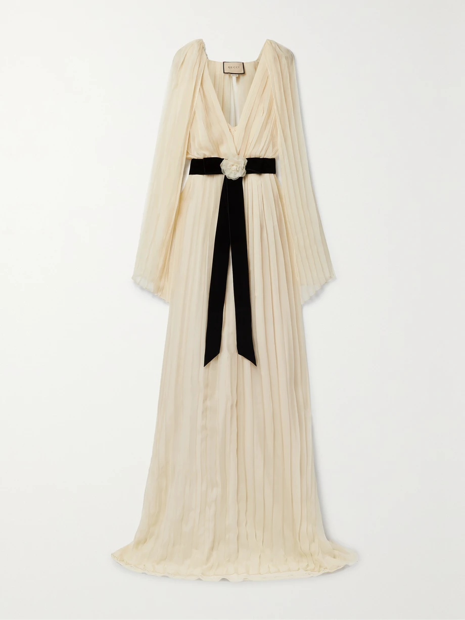 Belted cape-effect pleated silk-chiffon gown