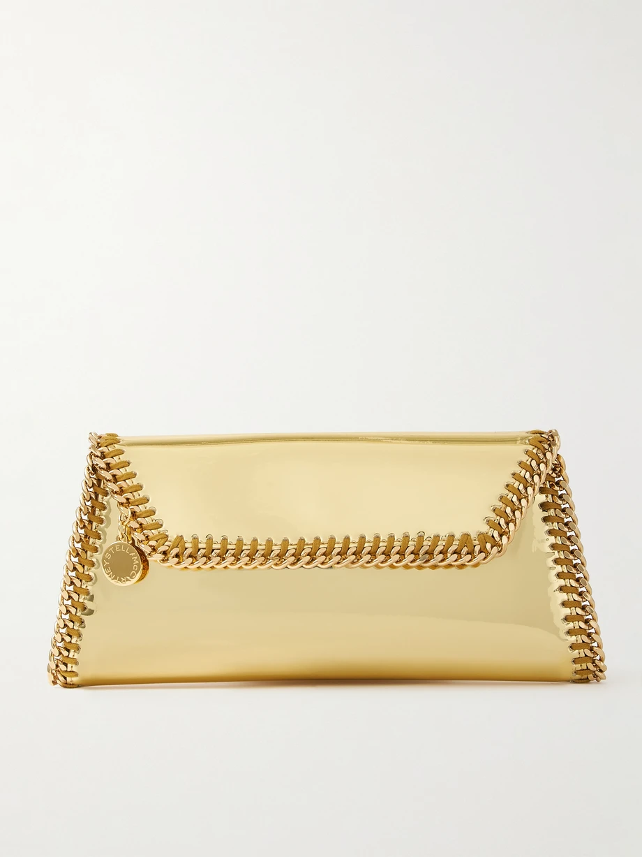 Falabella chain-embellished mirrored vegan leather clutch