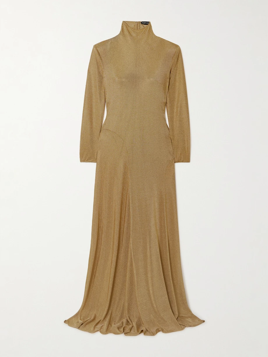 Paneled metallic jersey turtleneck gown