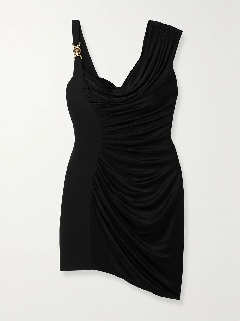 Asymmetric embellished draped jersey mini dress