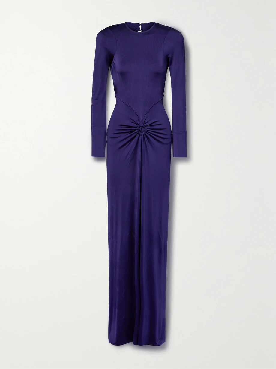 Open-back gathered stretch-satin jersey gown