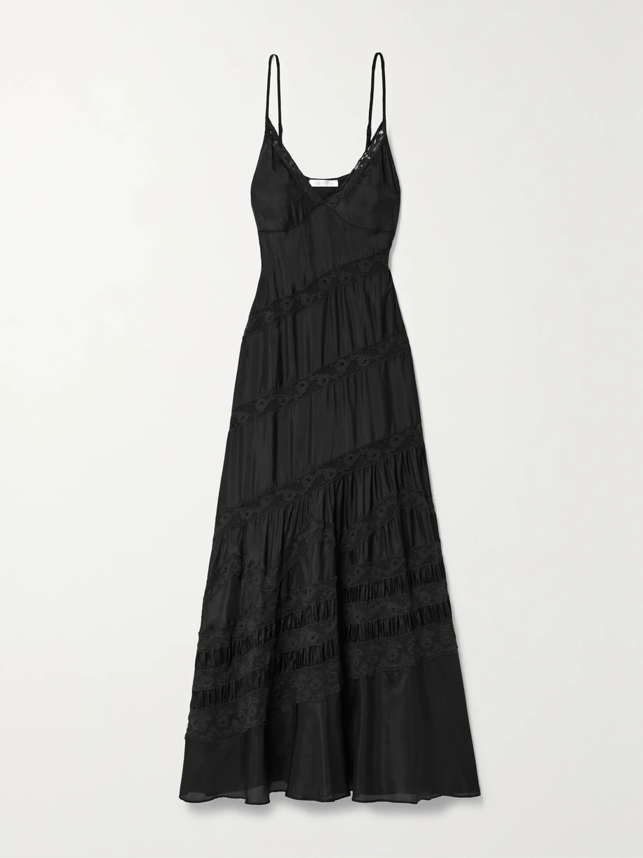 Idalia lace-trimmed tiered silk-satin maxi dress