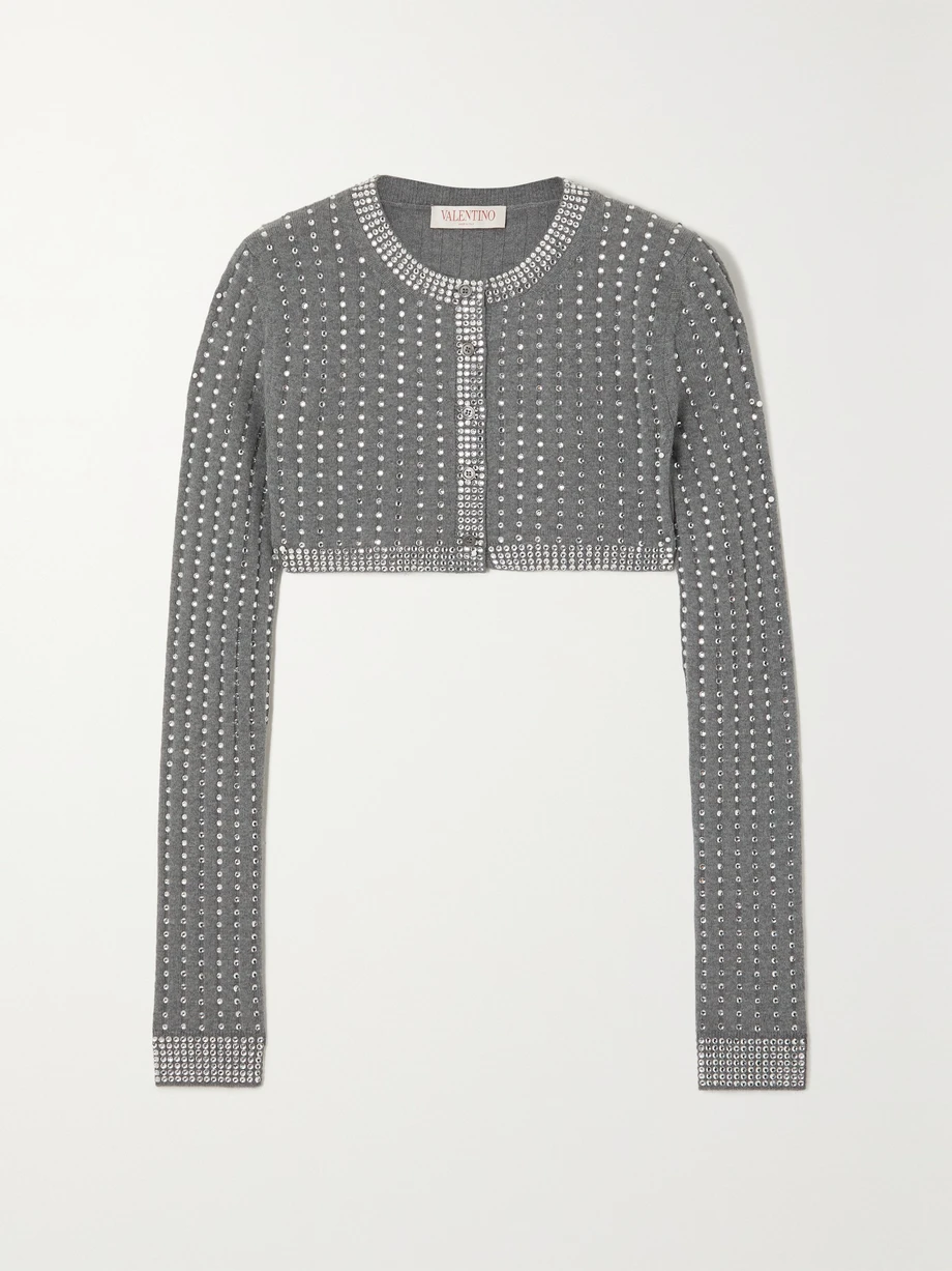 Cropped crystal-embellished ribbed wool cardigan