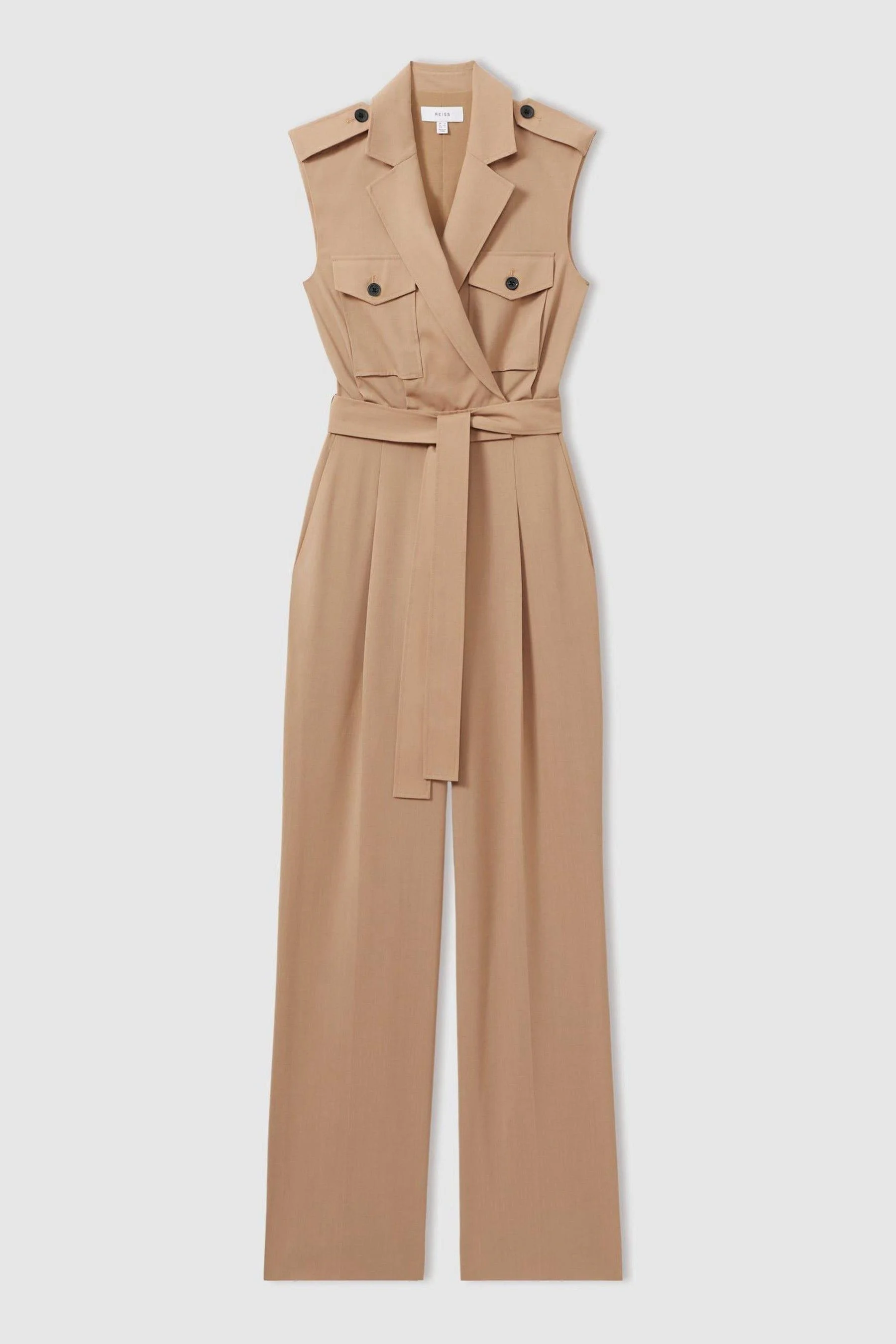 Wool Blend Double Breasted Belted Jumpsuit in Stone