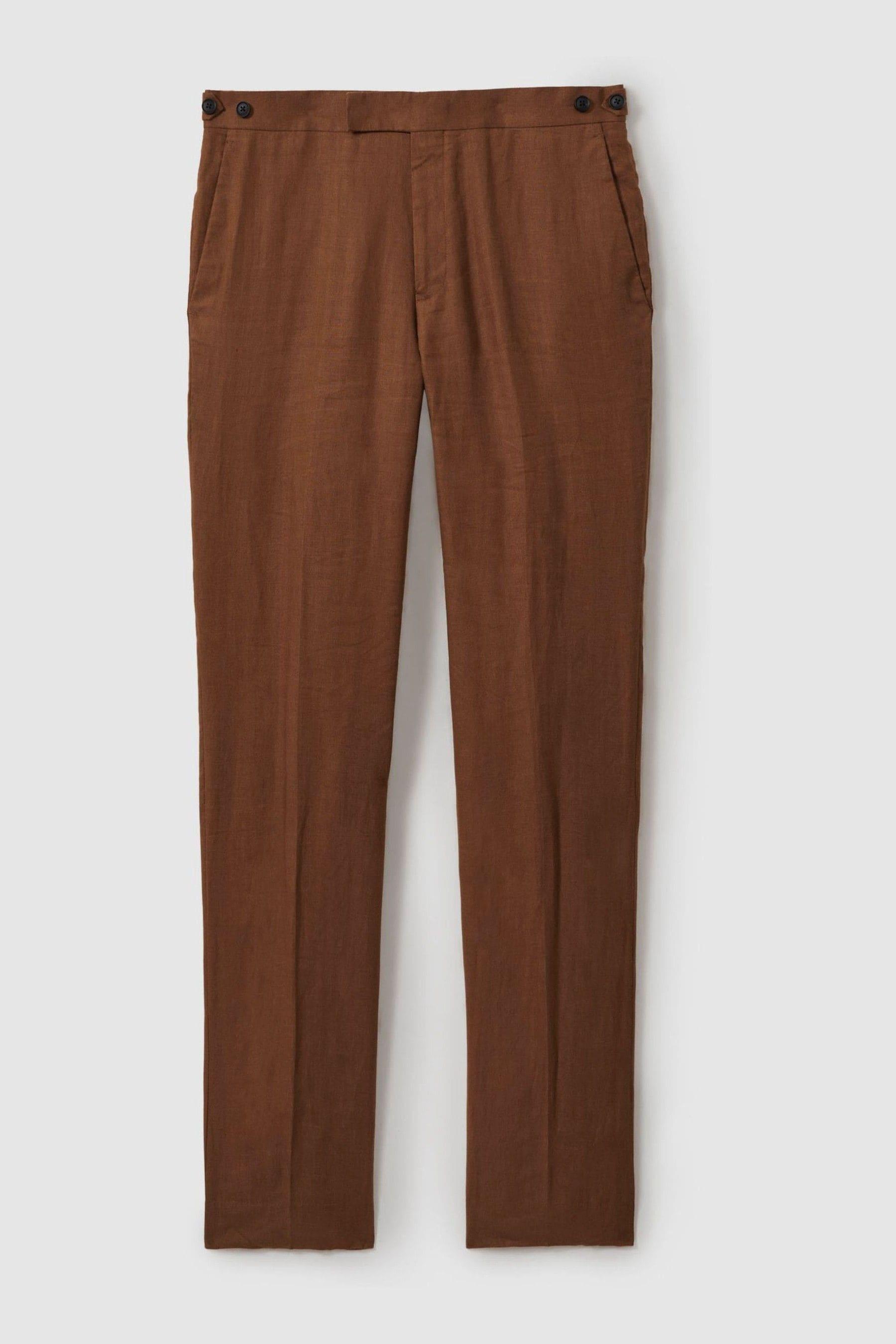 Slim Fit Linen Adjuster Trousers in Tobacco Brown