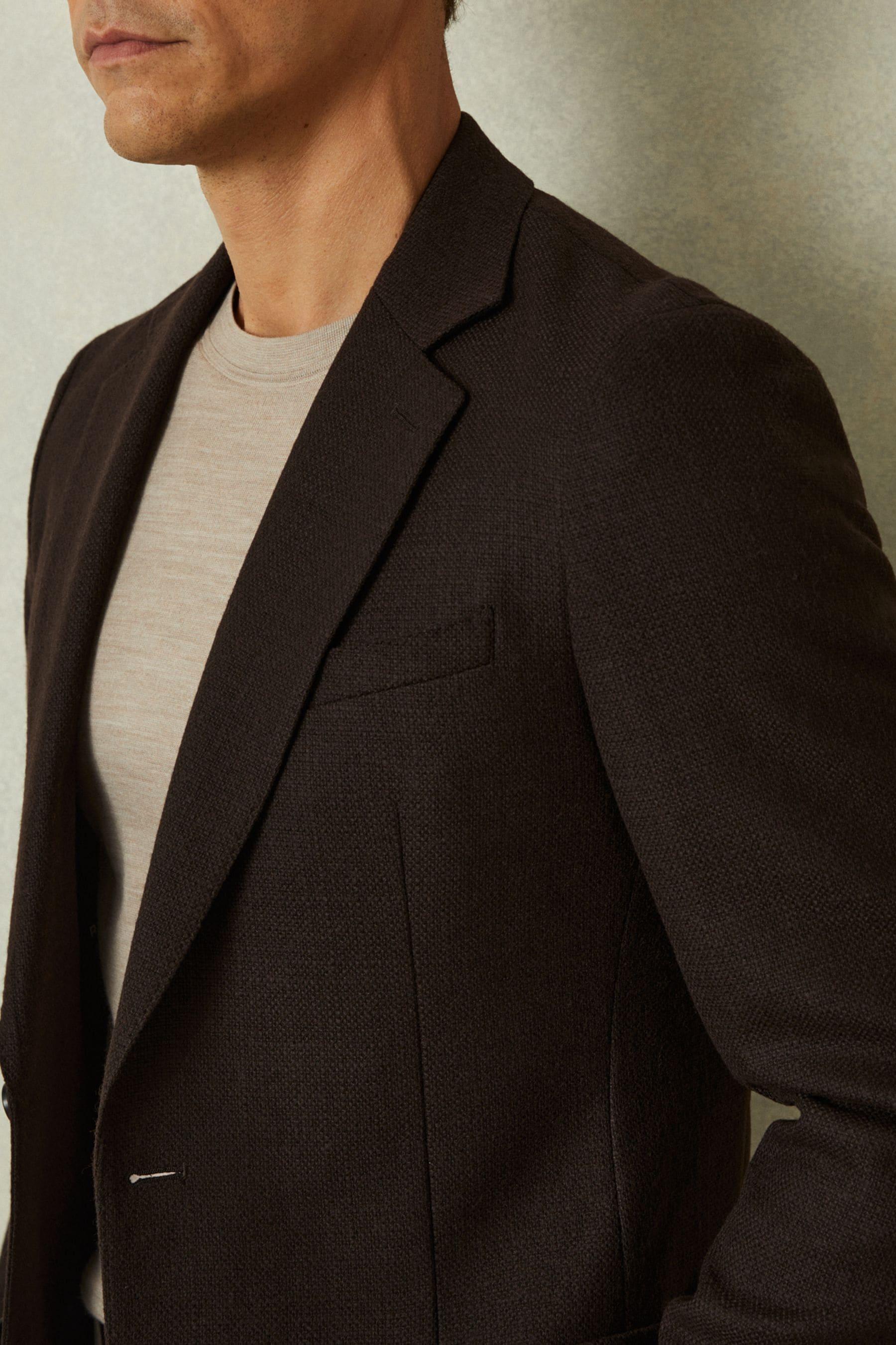 Slim Fit Textured Wool Blend Single Breasted Blazer in Chocolate Brown