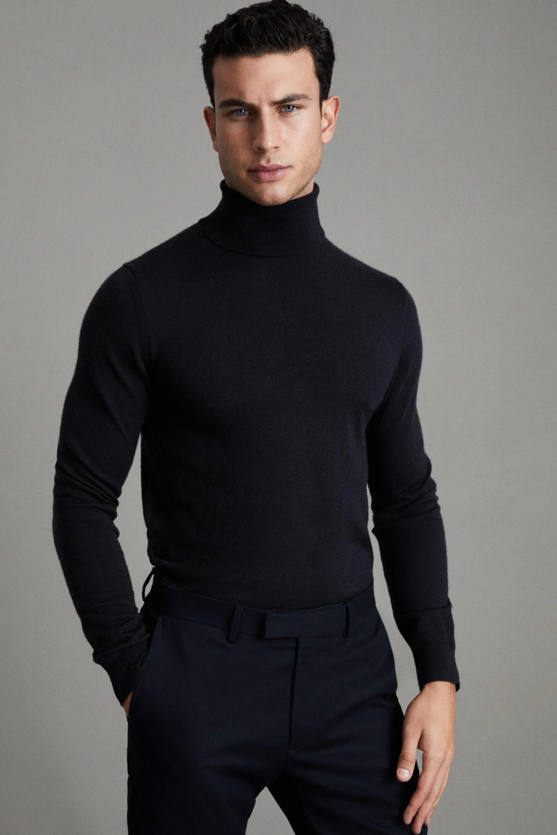 Slim Fit Merino Wool Roll Neck Jumper in Navy