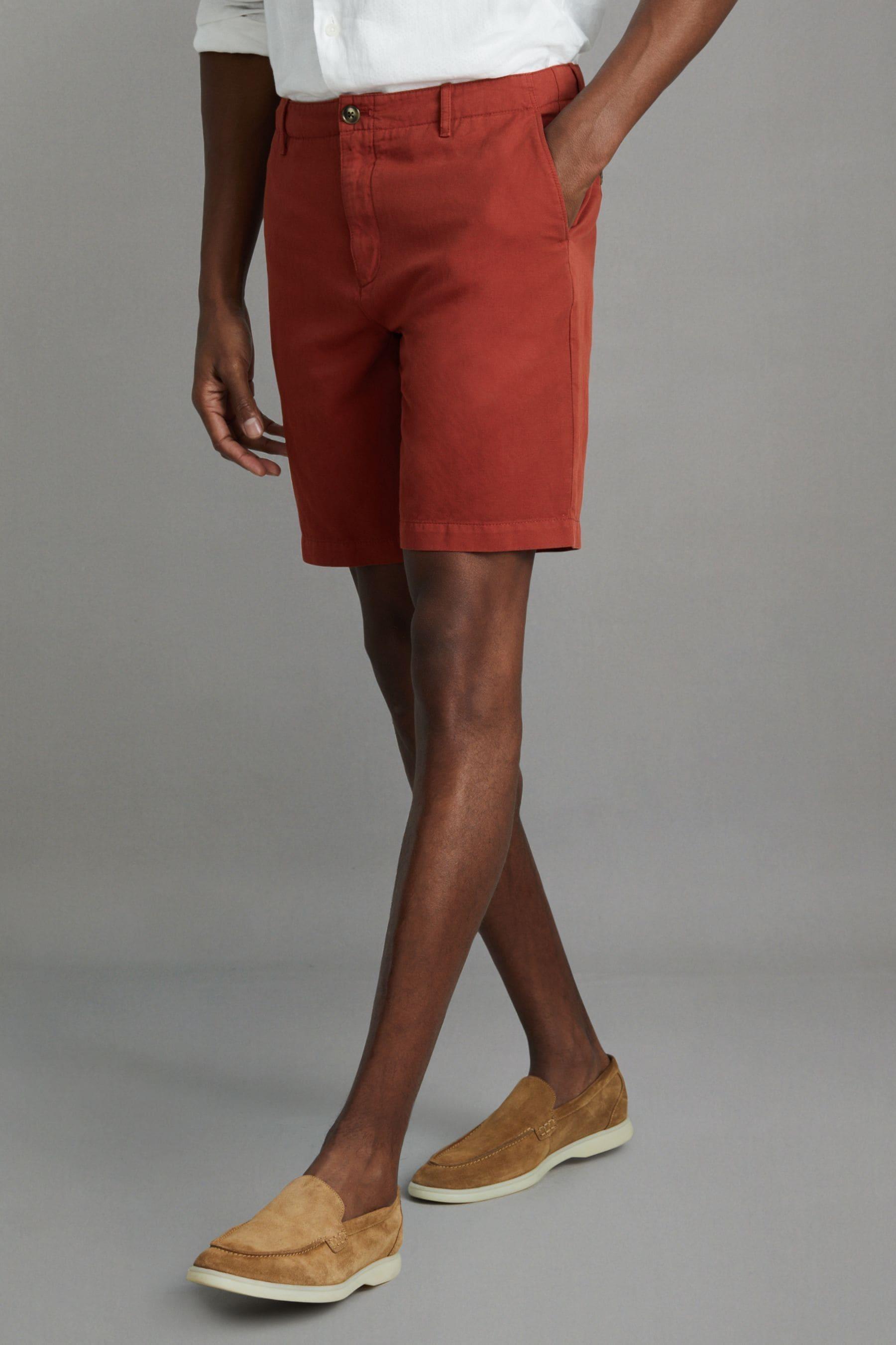 Cotton Linen Blend Internal Drawstring Shorts in Rust