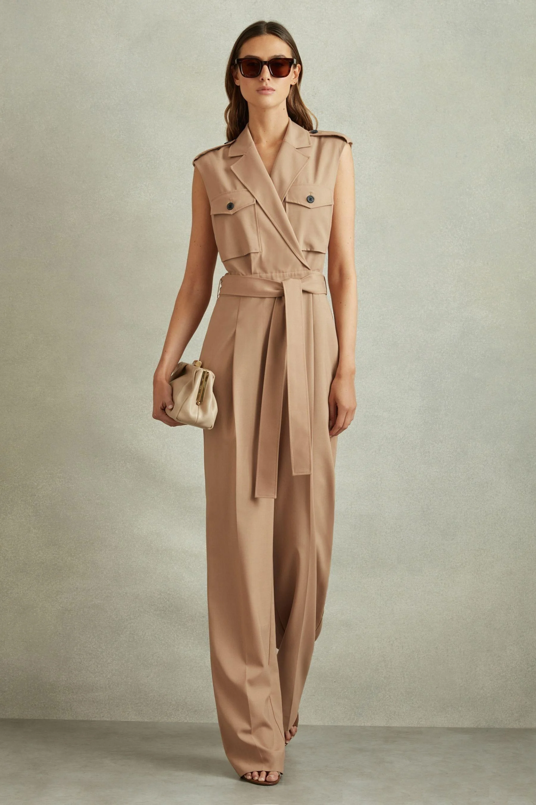 Wool Blend Double Breasted Belted Jumpsuit in Stone