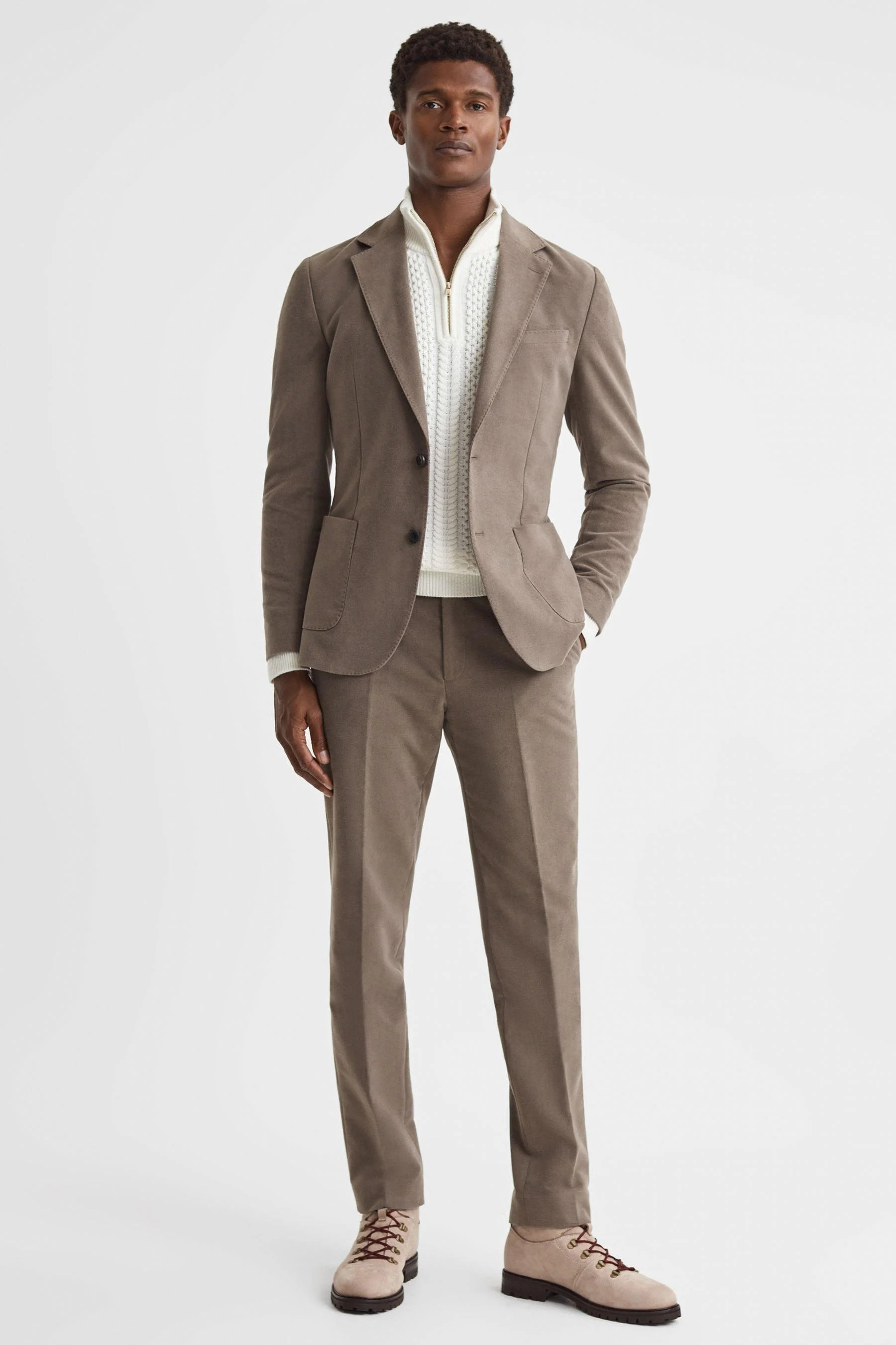 Slim Fit Single Breasted Moleskin Blazer in Mushroom