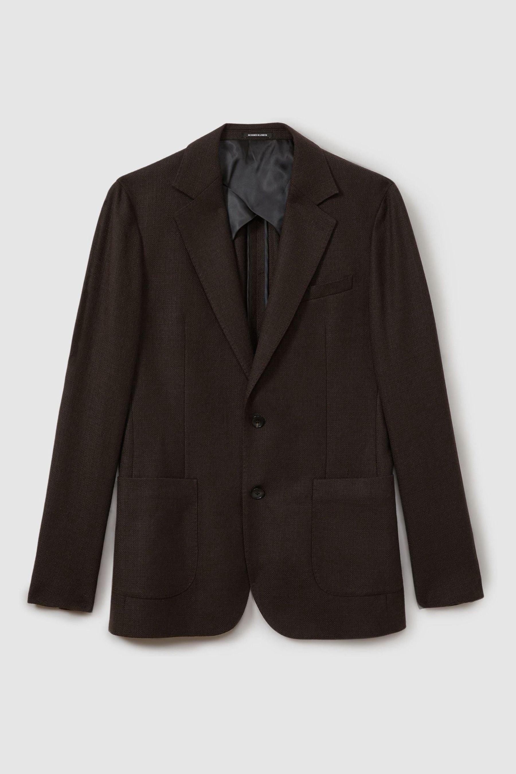 Slim Fit Textured Wool Blend Single Breasted Blazer in Chocolate Brown