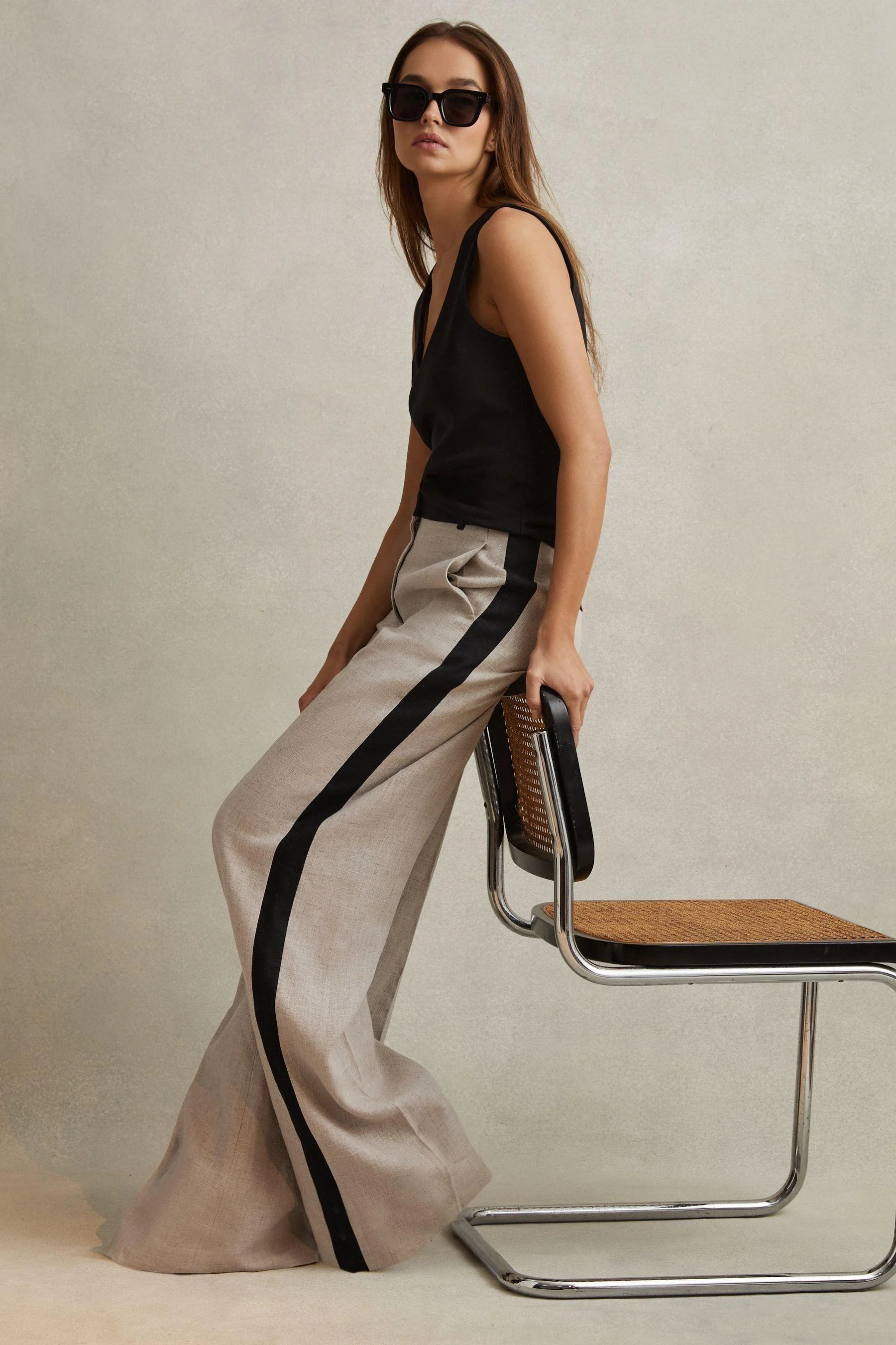 Colourblock Linen Wide Leg Trousers in Neutral