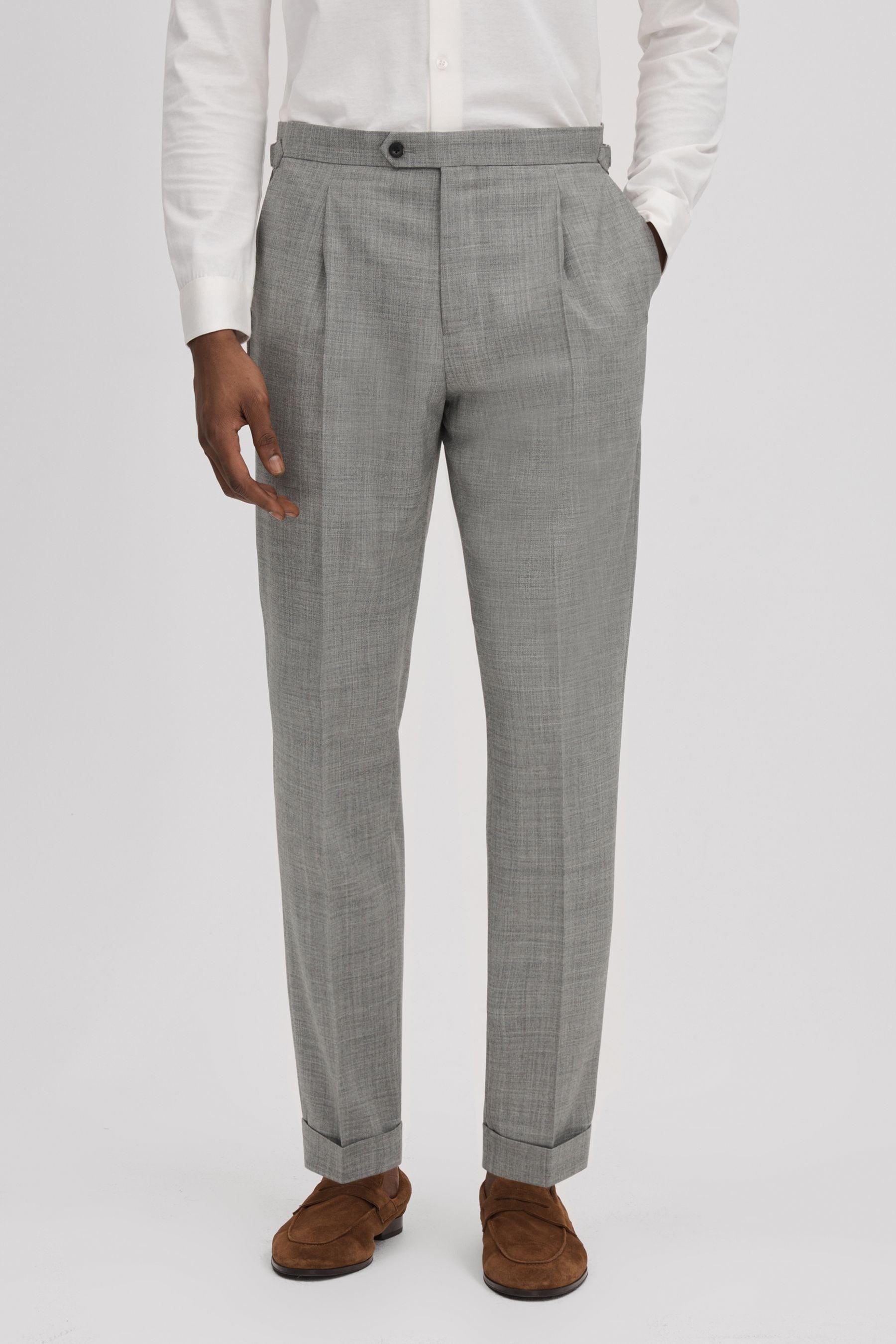 Slim Fit Wool Blend Trousers with Turn-Ups in Soft Grey