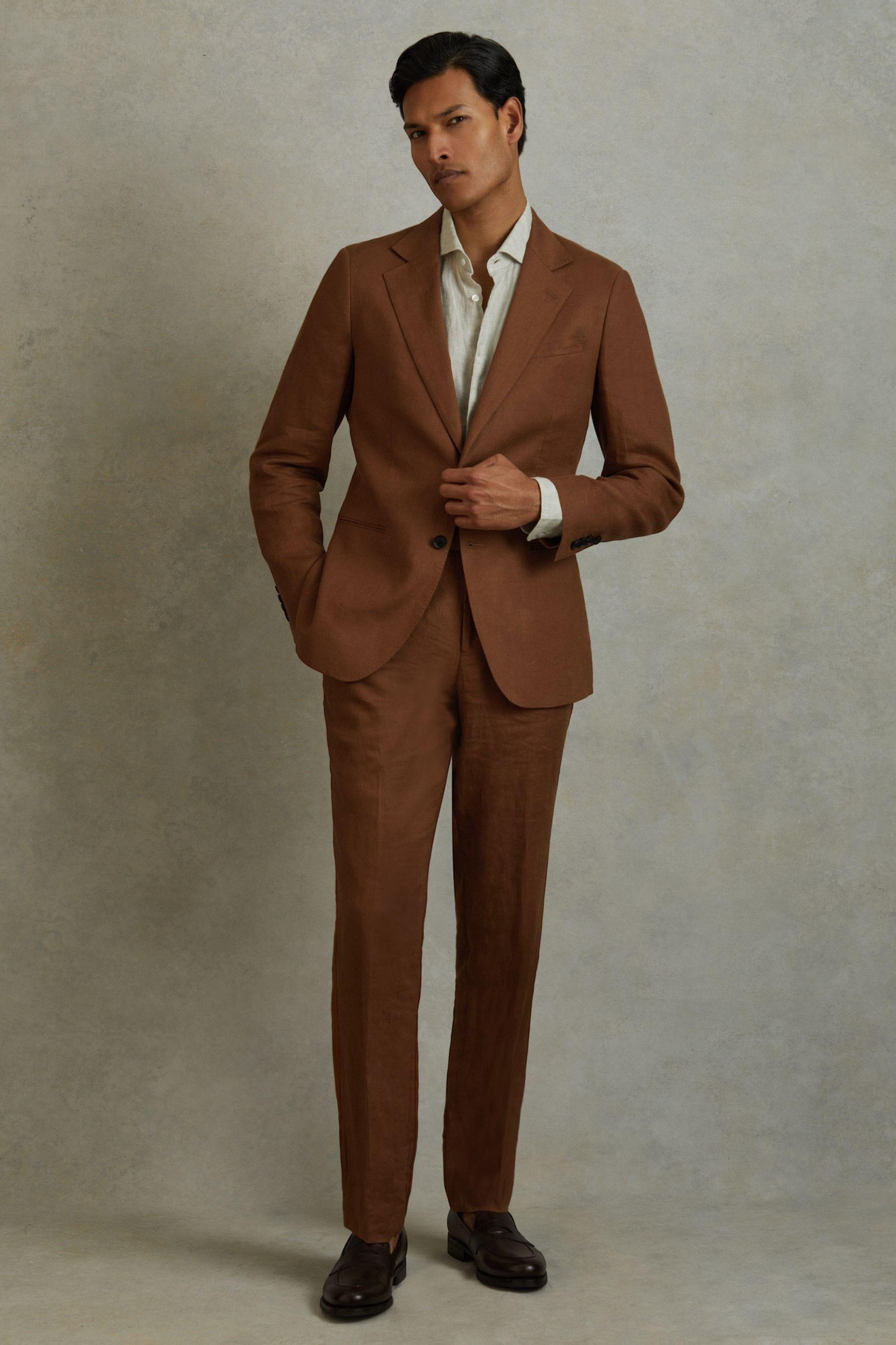 Slim Fit Linen Adjuster Trousers in Tobacco Brown