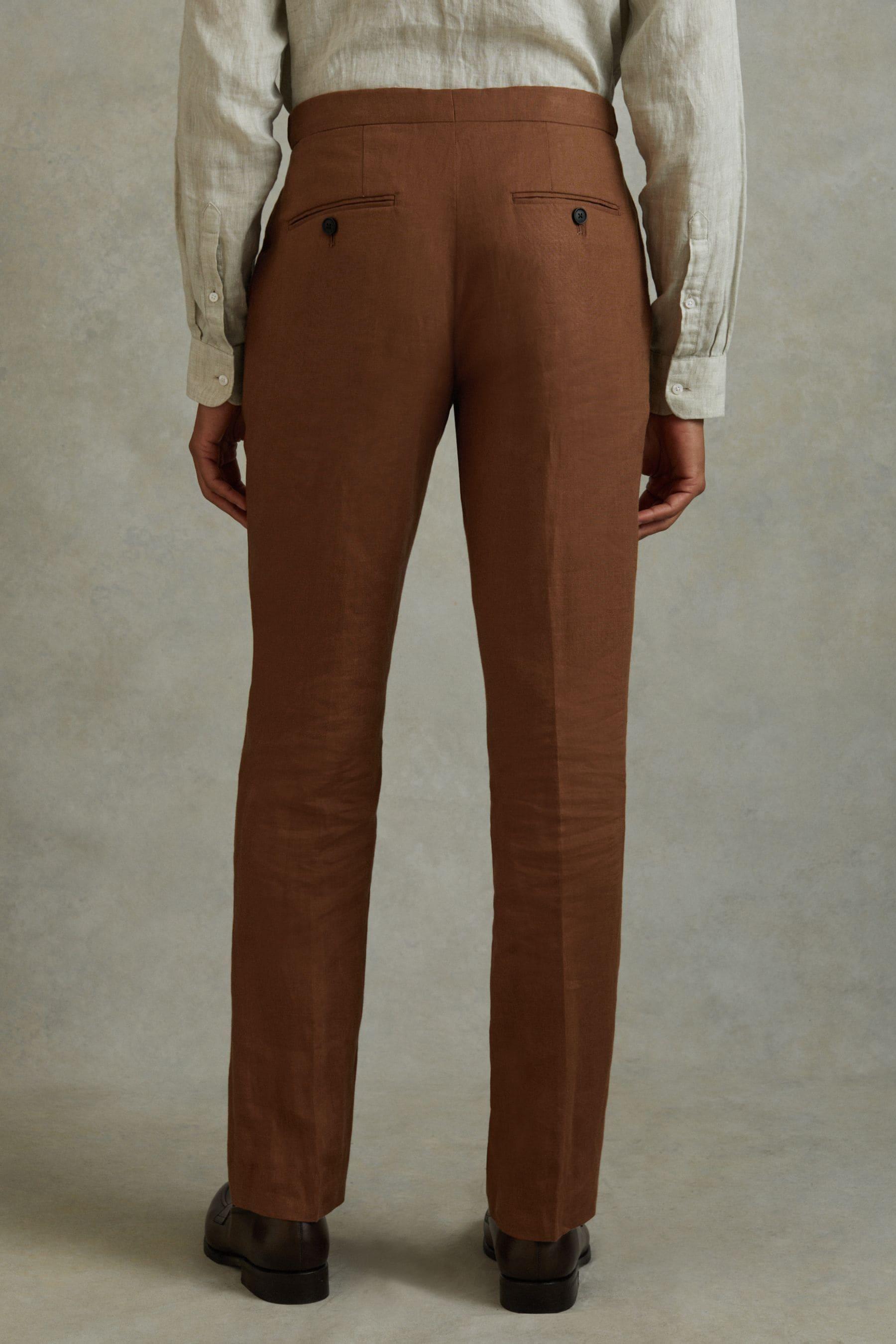 Slim Fit Linen Adjuster Trousers in Tobacco Brown