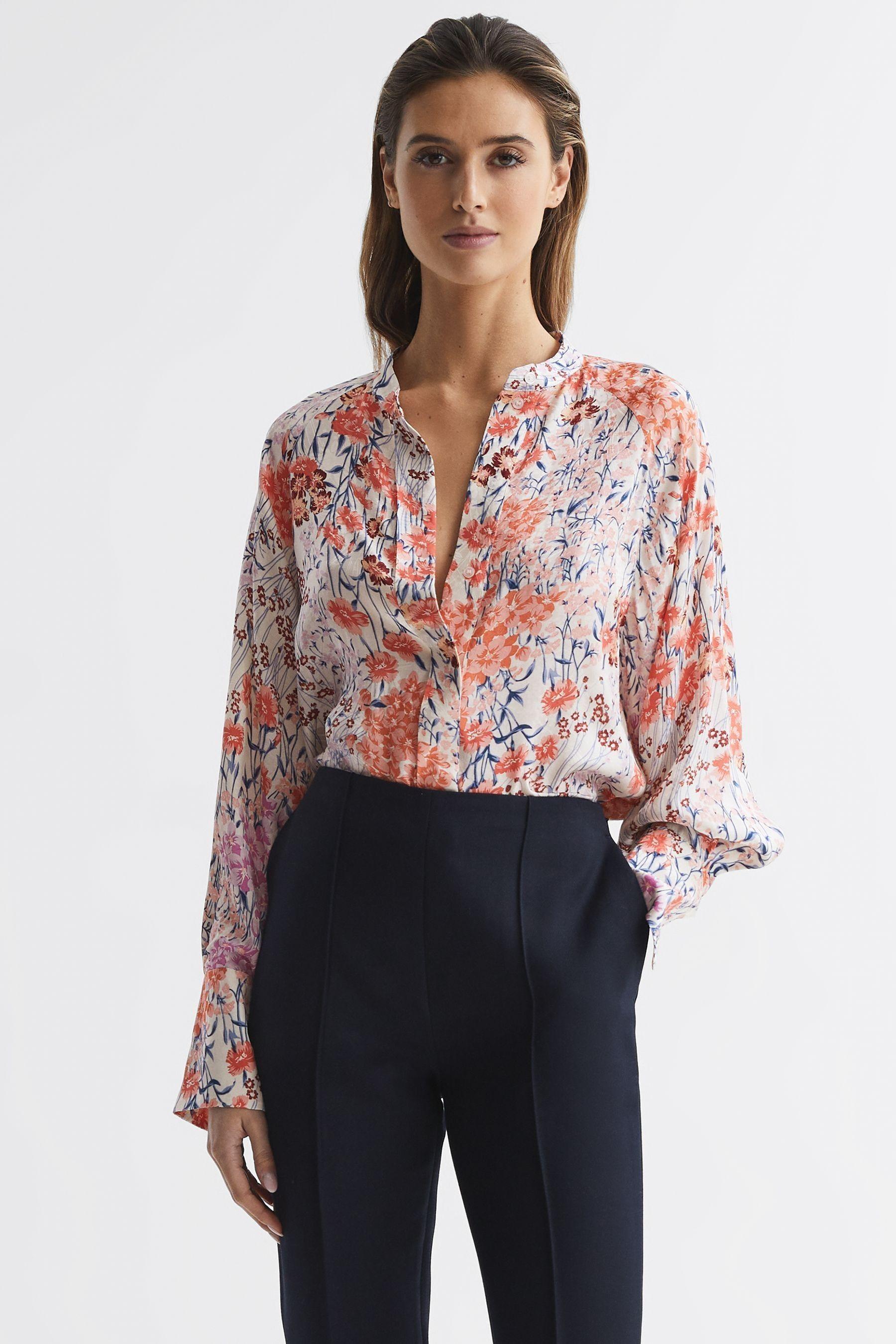 Meadow Print Split Cuff Shirt in Coral/White