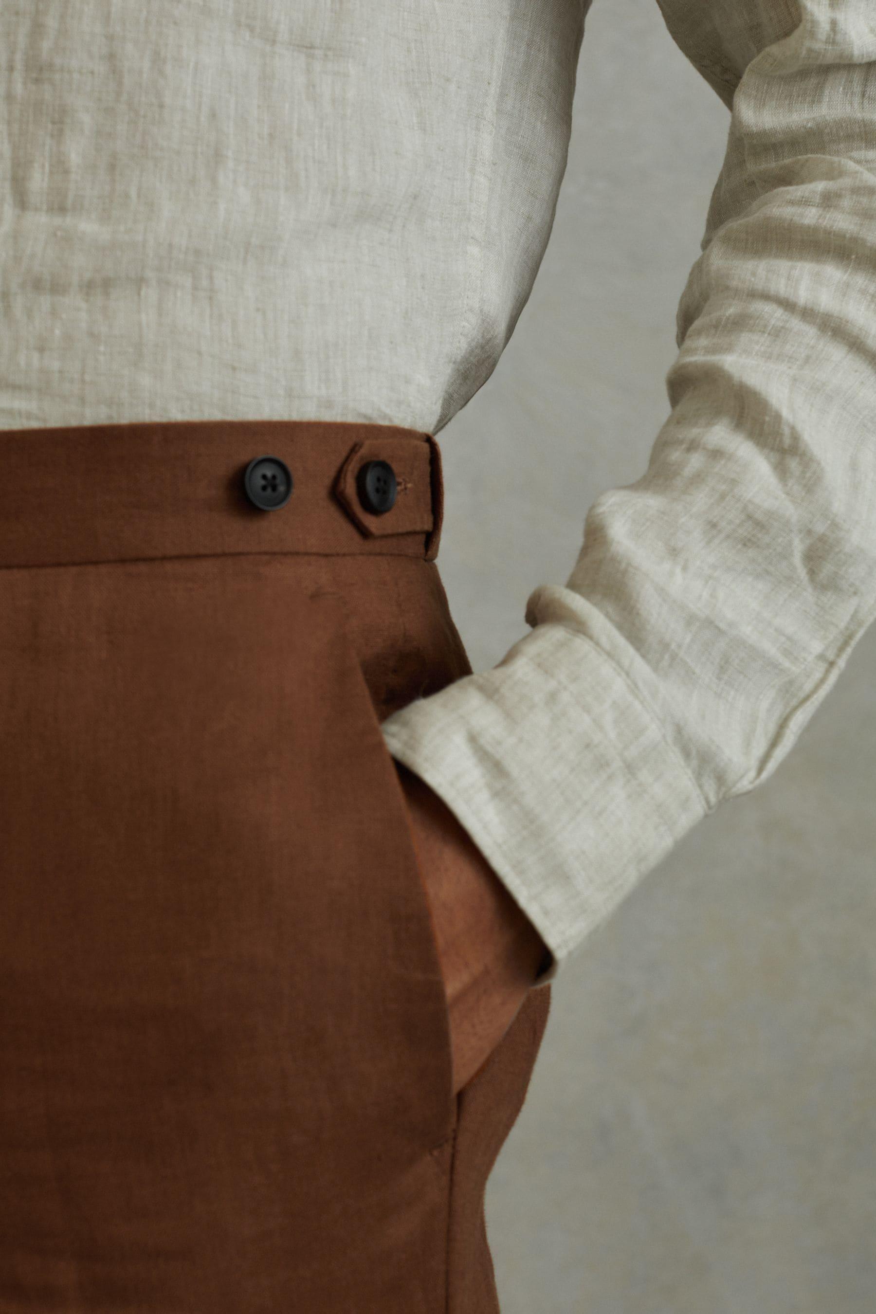 Slim Fit Linen Adjuster Trousers in Tobacco Brown