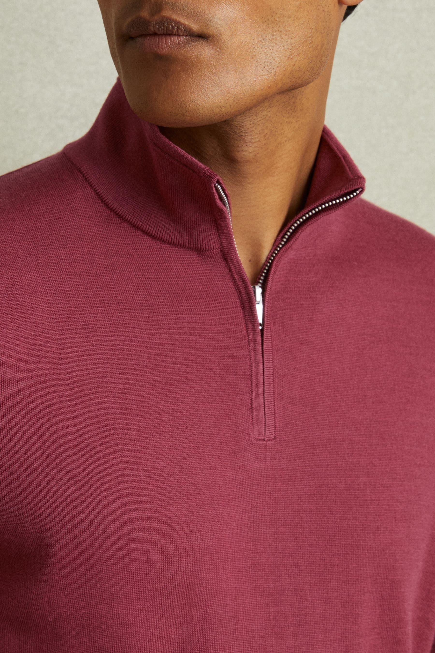 Merino Wool Half-Zip Funnel Neck Jumper in Cherry Pink