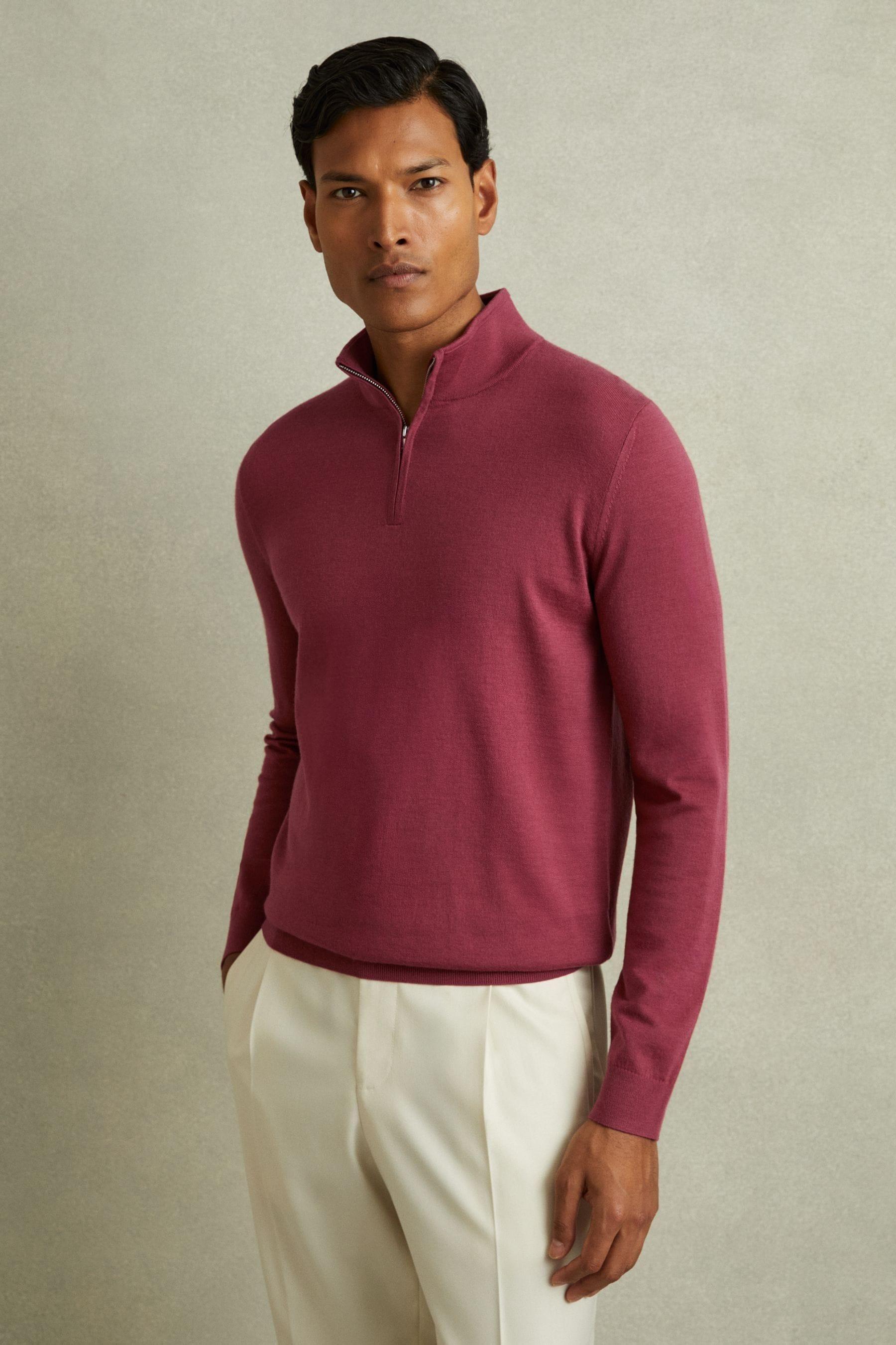 Merino Wool Half-Zip Funnel Neck Jumper in Cherry Pink