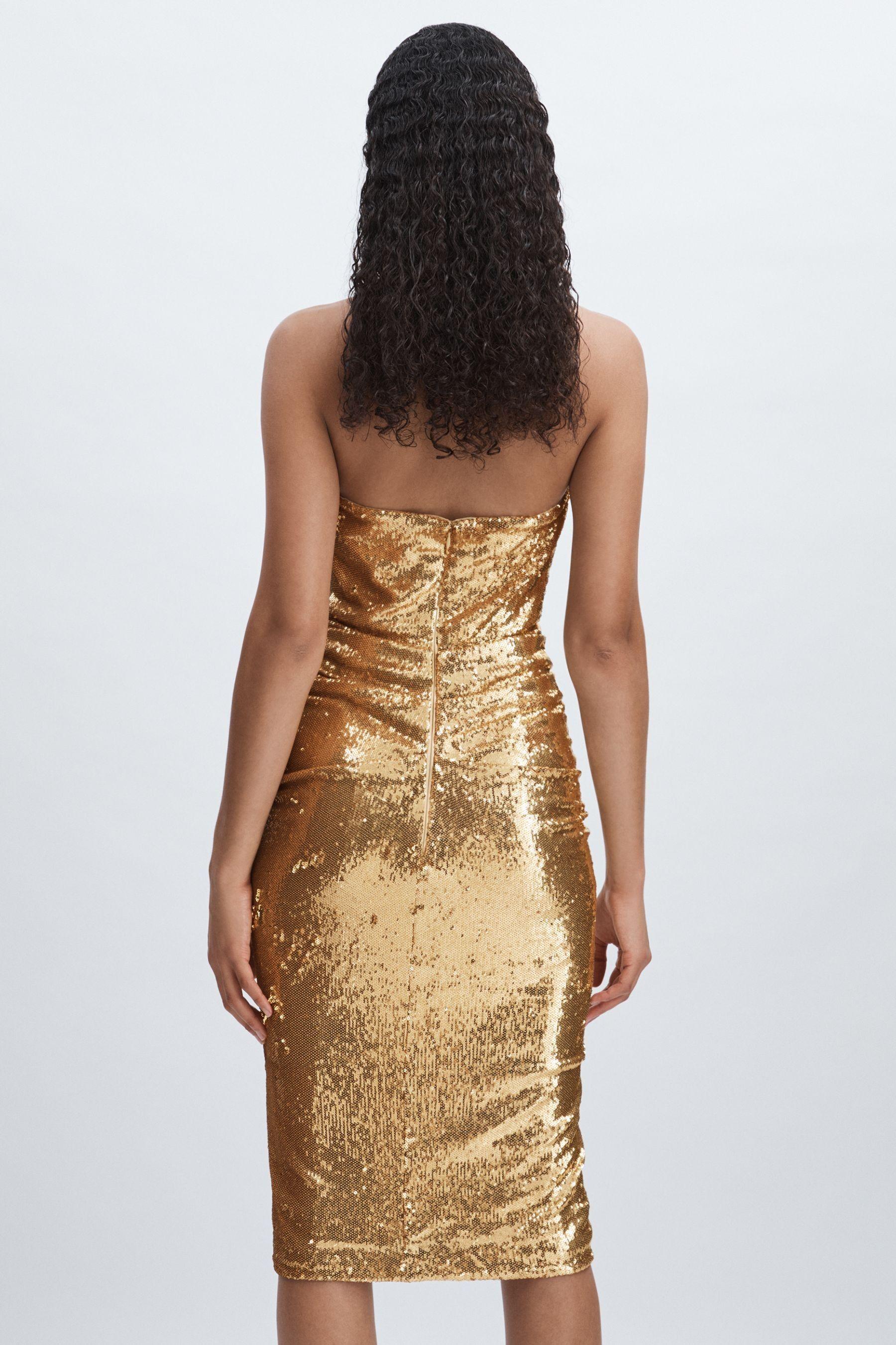 Halston Gold Sequin Halterneck Plunge Dress in Gold