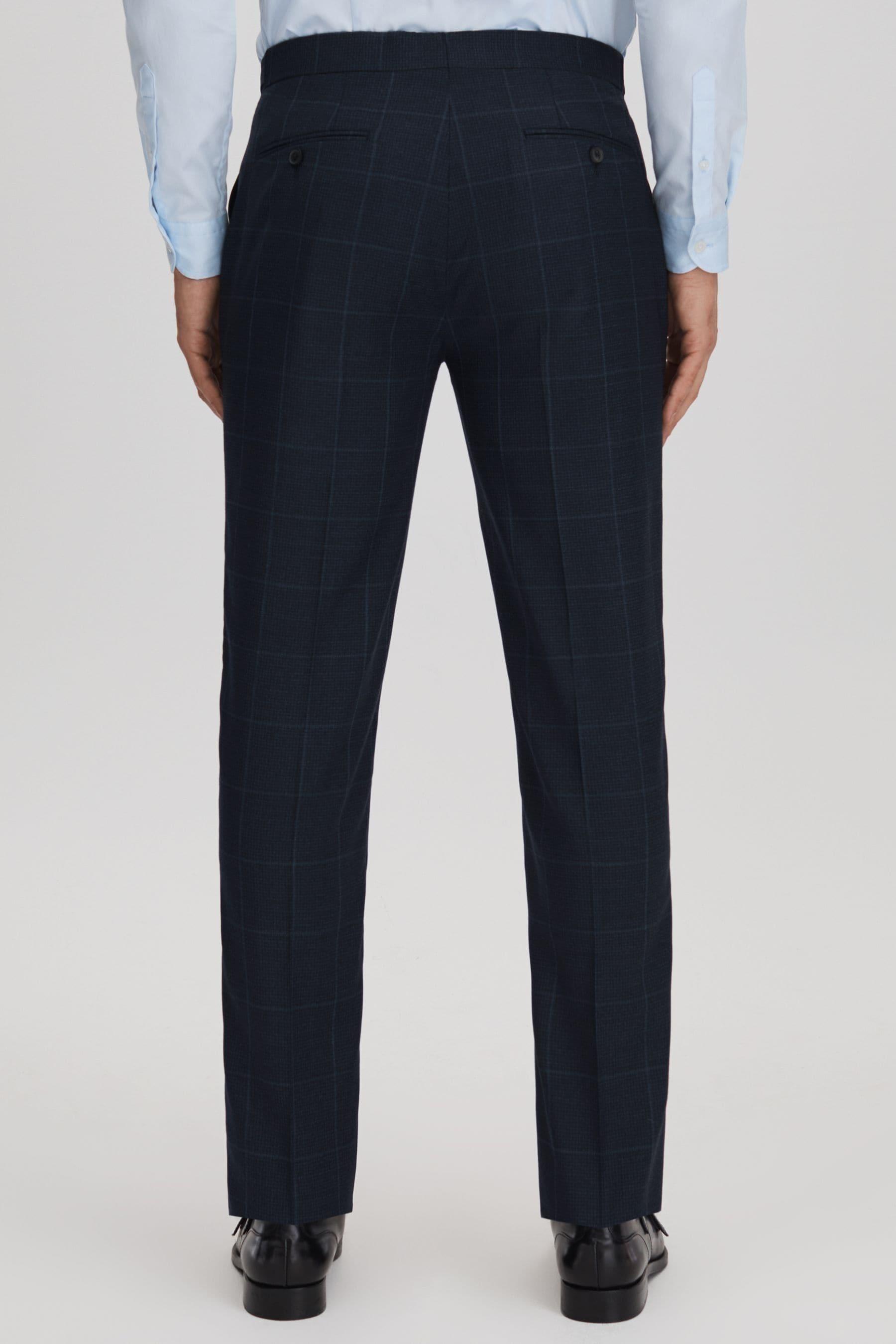 Klink Navy Wool Check Adjuster Slim Fit Trousers