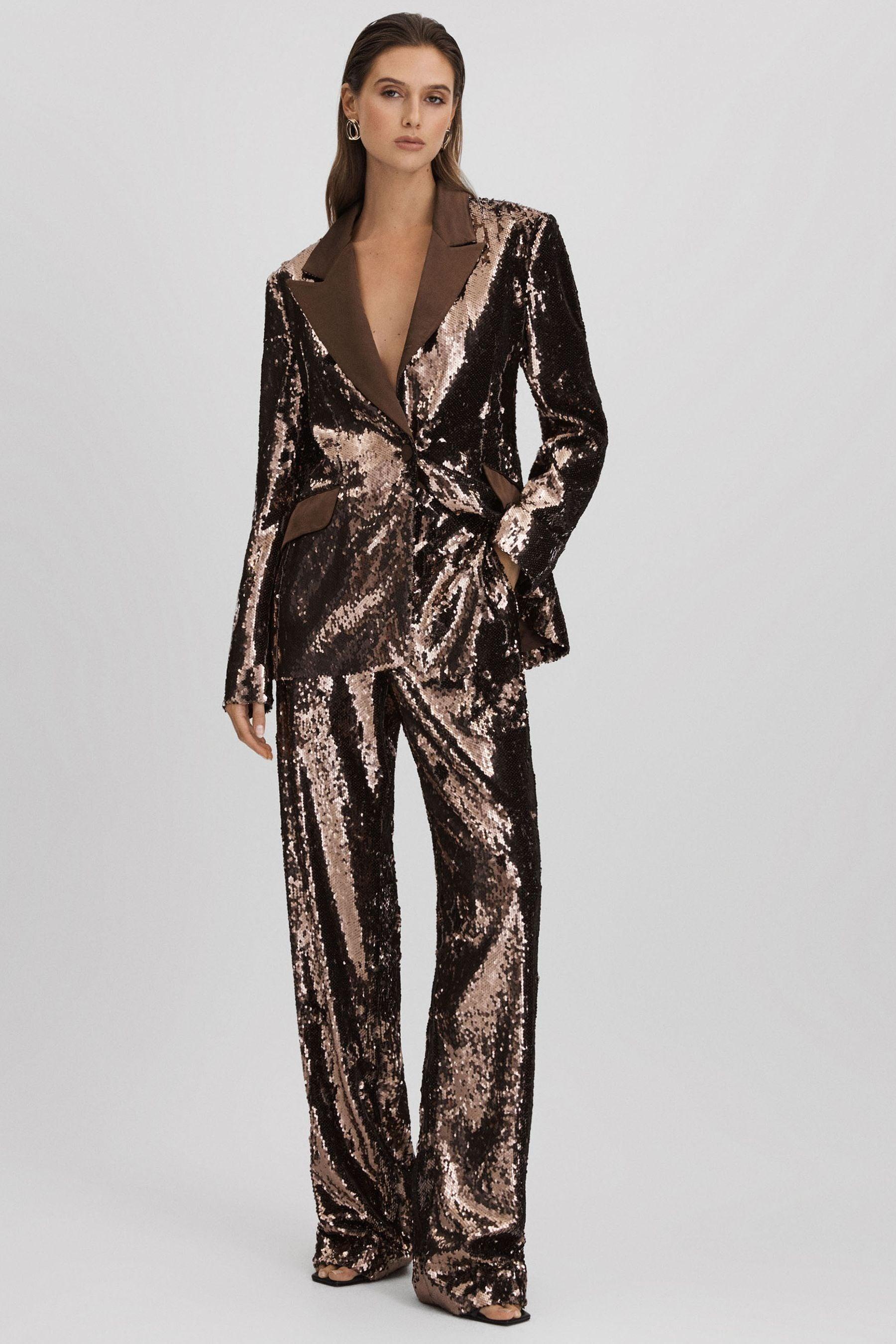 Halston Tailored Sequin Single Breasted Blazer in Java