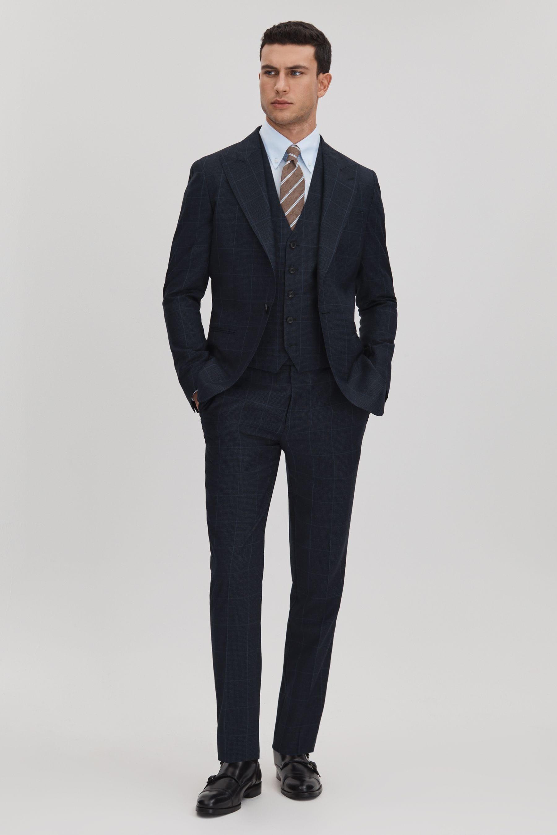 Klink Navy Wool Check Adjuster Slim Fit Trousers