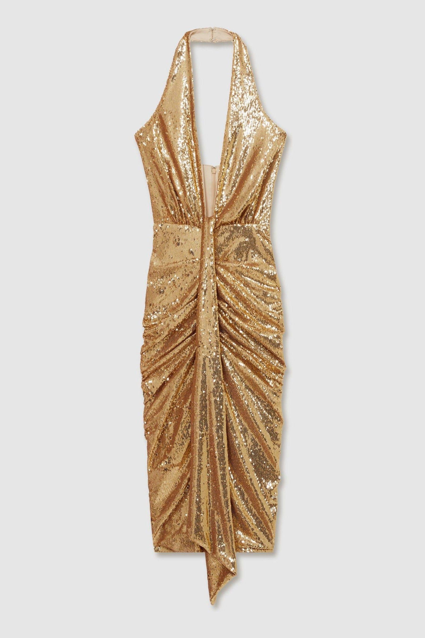 Halston Gold Sequin Halterneck Plunge Dress in Gold