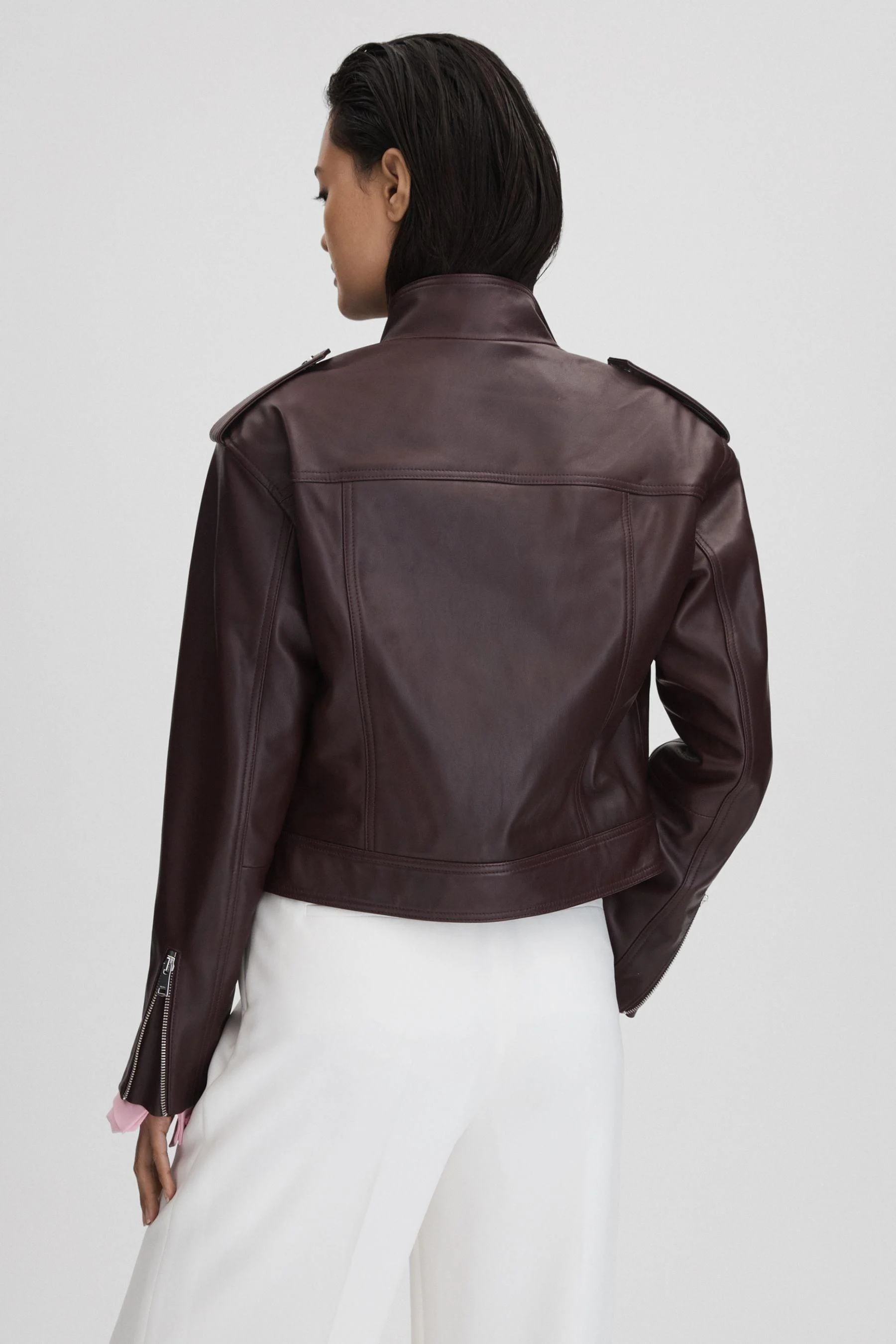 Cropped Leather Biker Jacket in Berry