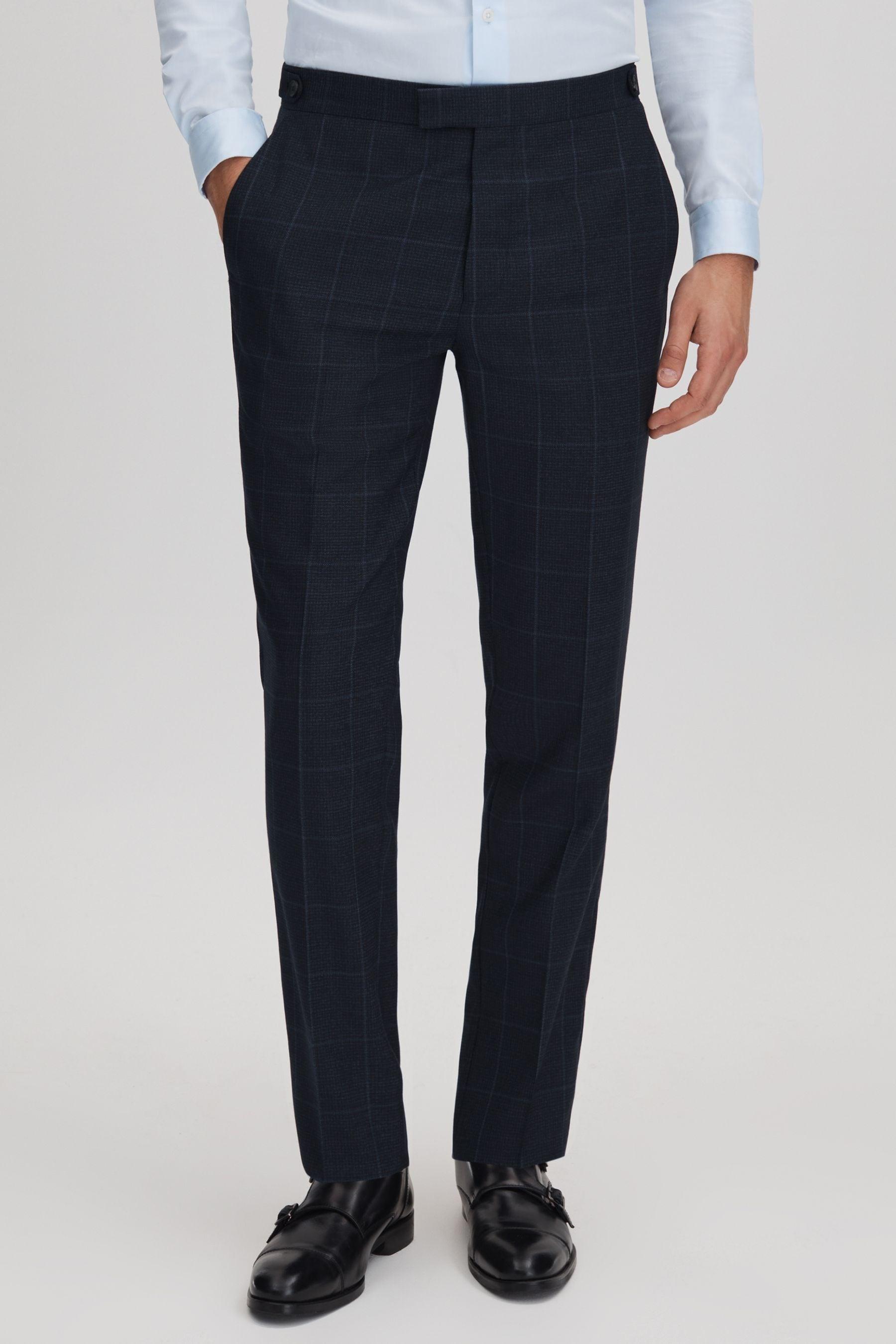 Klink Navy Wool Check Adjuster Slim Fit Trousers